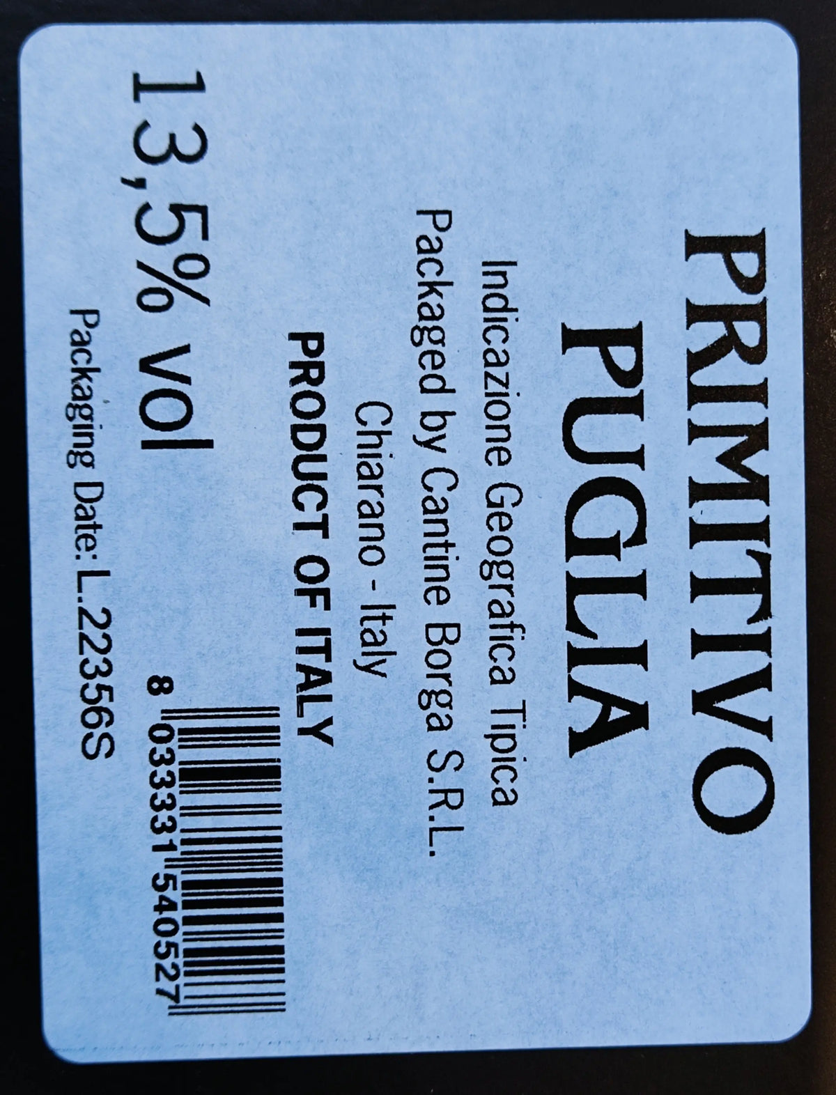 Zadní etiketa – Primitivo - bag in box
