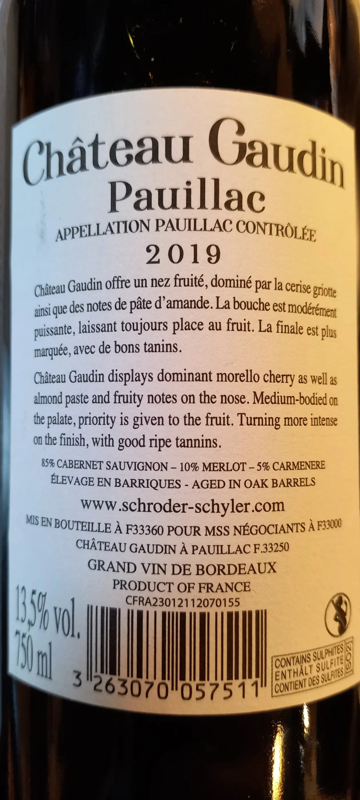 Zadní etiketa – Château Gaudin