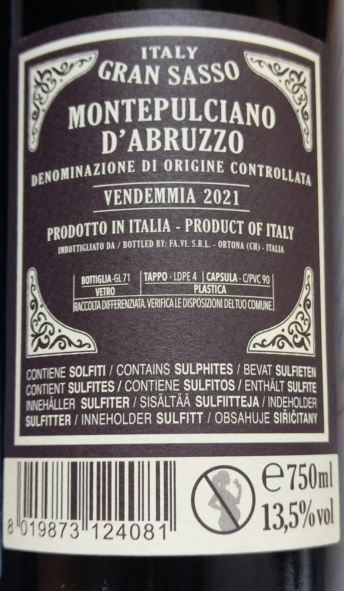 Zadní etiketa – Montepulciano d'Abruzzo "Gran Sasso"