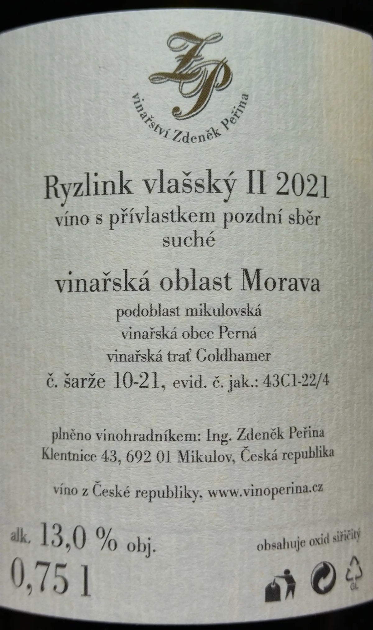 Zadní etiketa – Ryzlink vlašský II Goldhamer