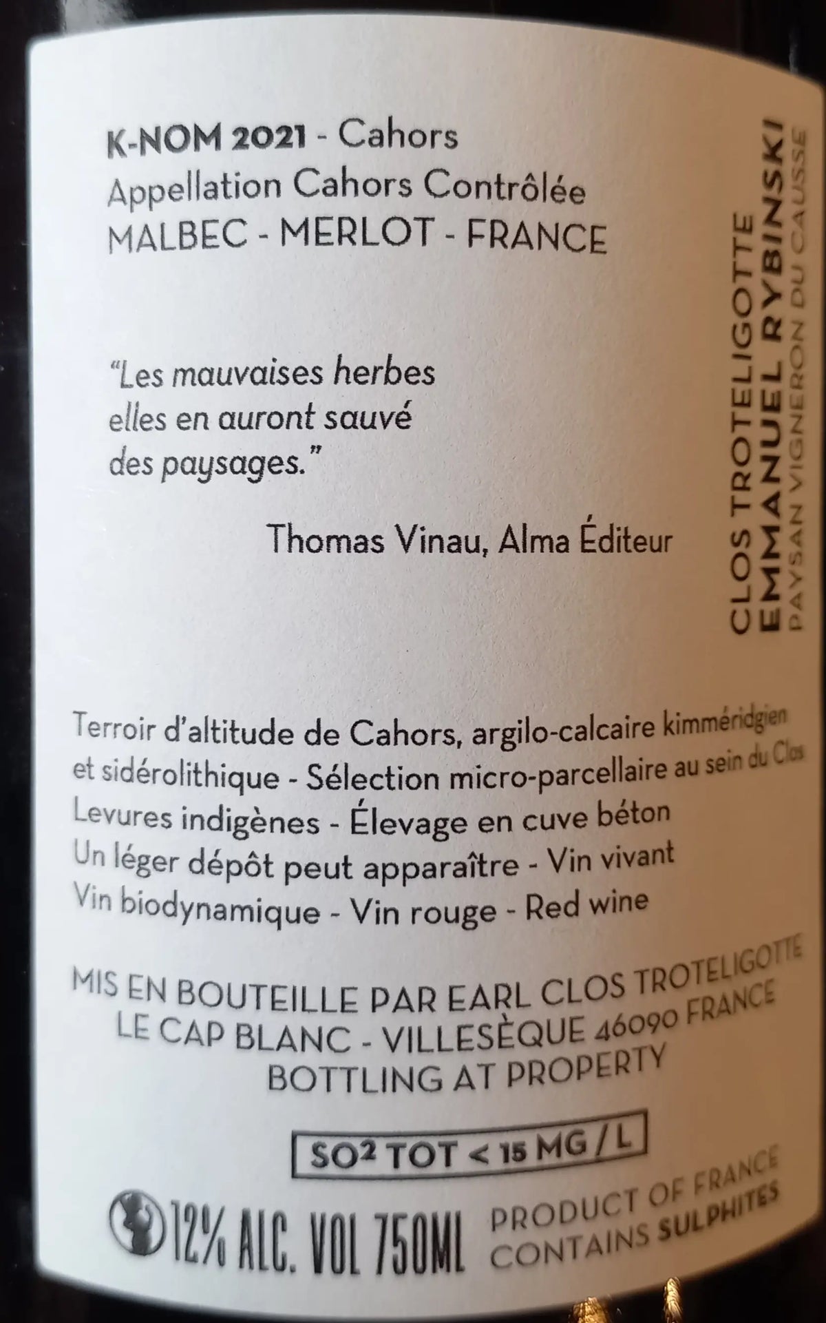 Zadní etiketa – Malbec K-nom