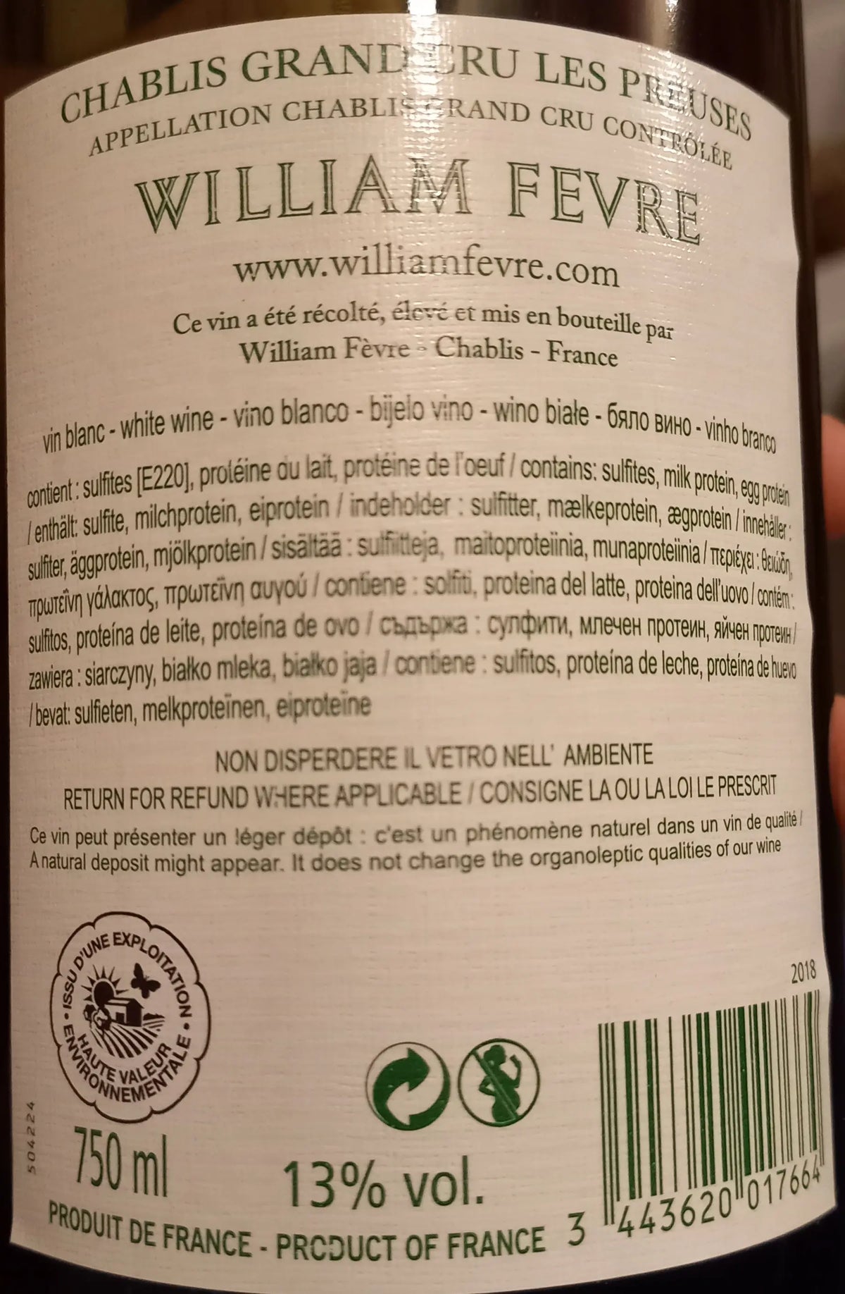 Zadní etiketa – Chablis Grand Cru "Les Preuses"