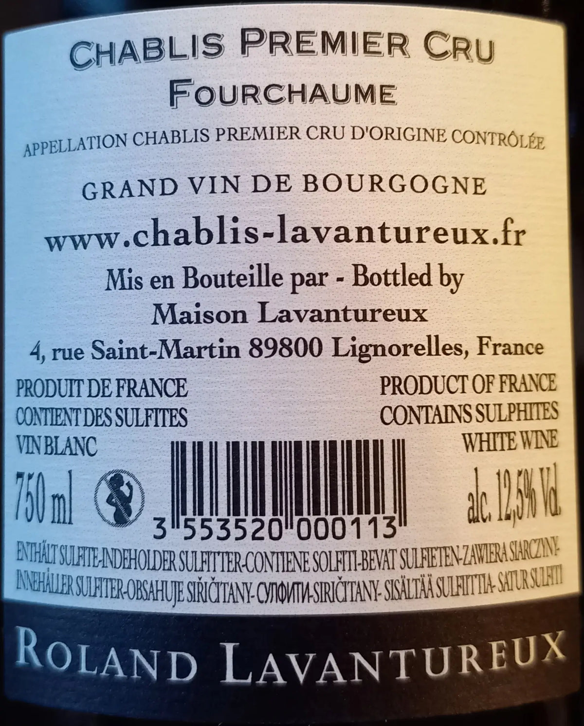 Zadní etiketa – Chablis Premier Cru "Fourchaume"
