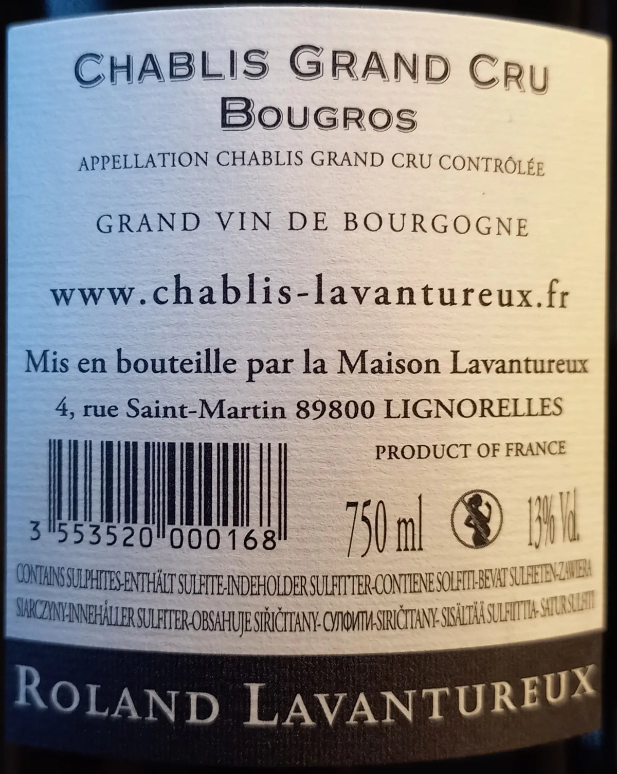 Zadní etiketa – Chablis Grand Cru "Bougros"