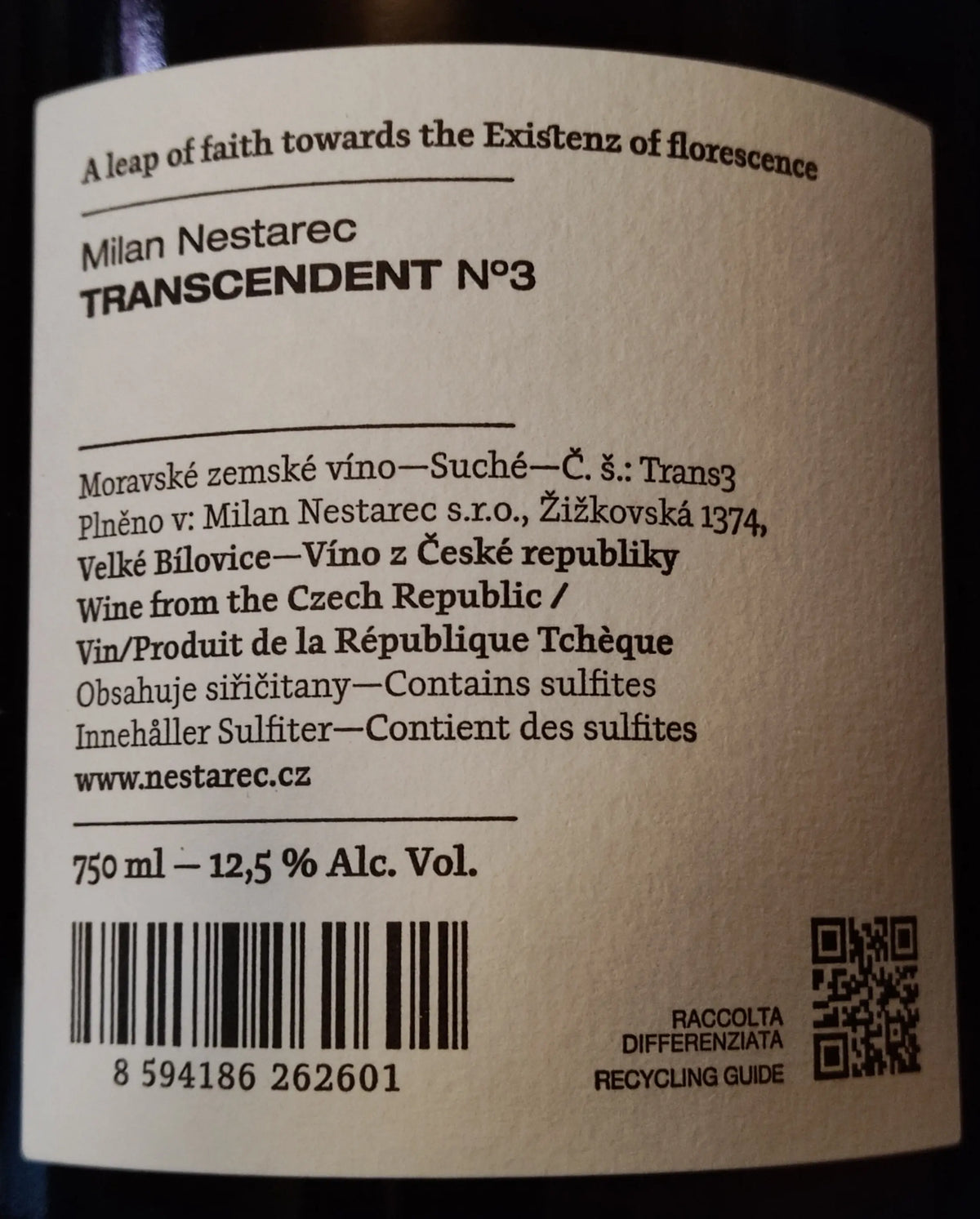 Zadní etiketa – TRANSCENDENT