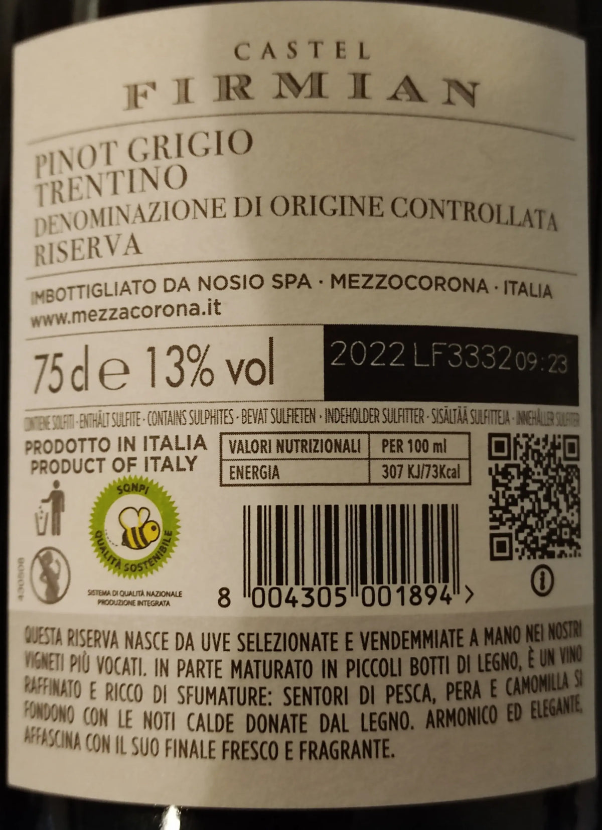 Zadní etiketa – Pinot Grigio Riserva-Castel Firmian