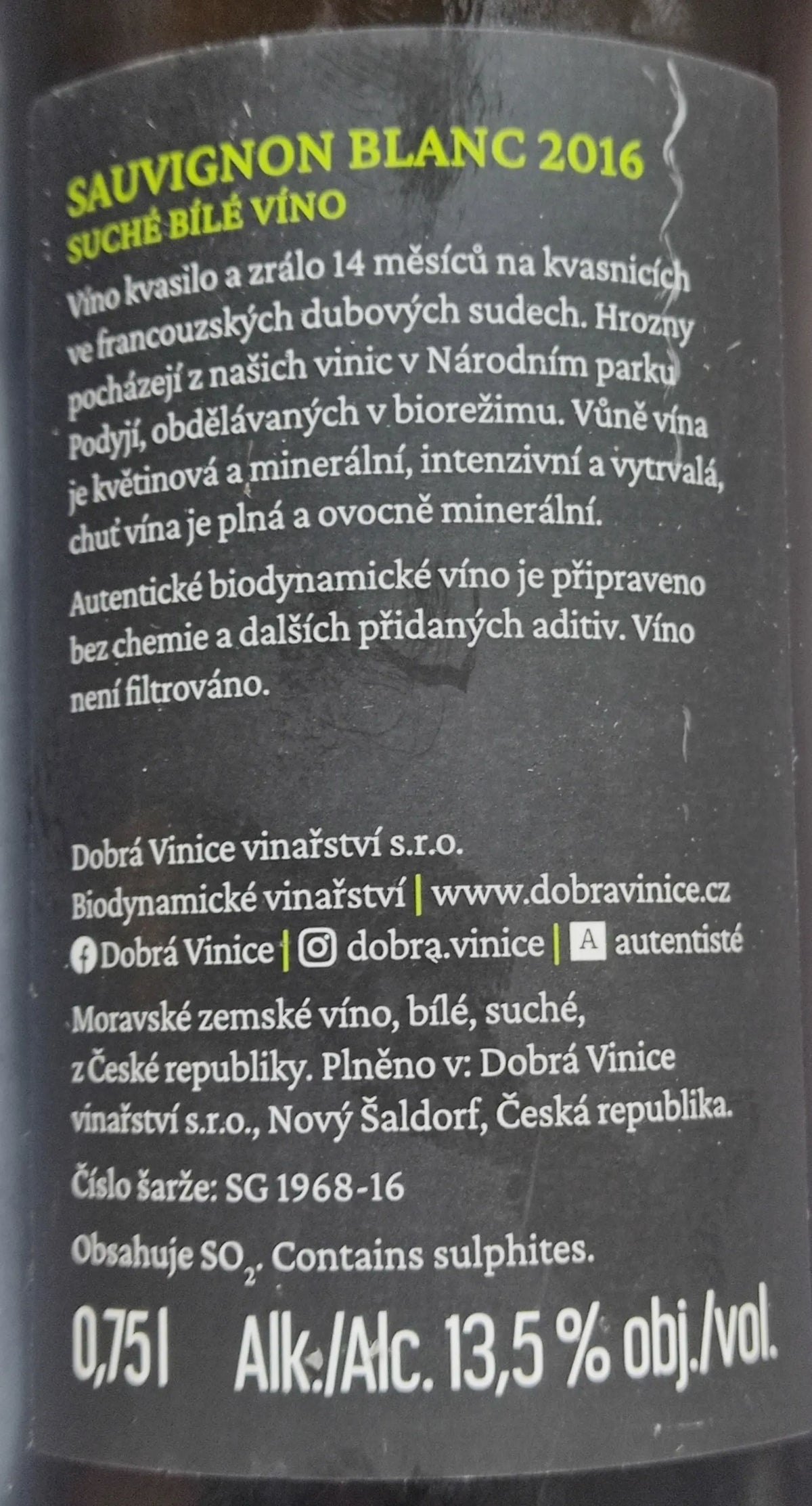Zadní etiketa – Sauvignon blanc