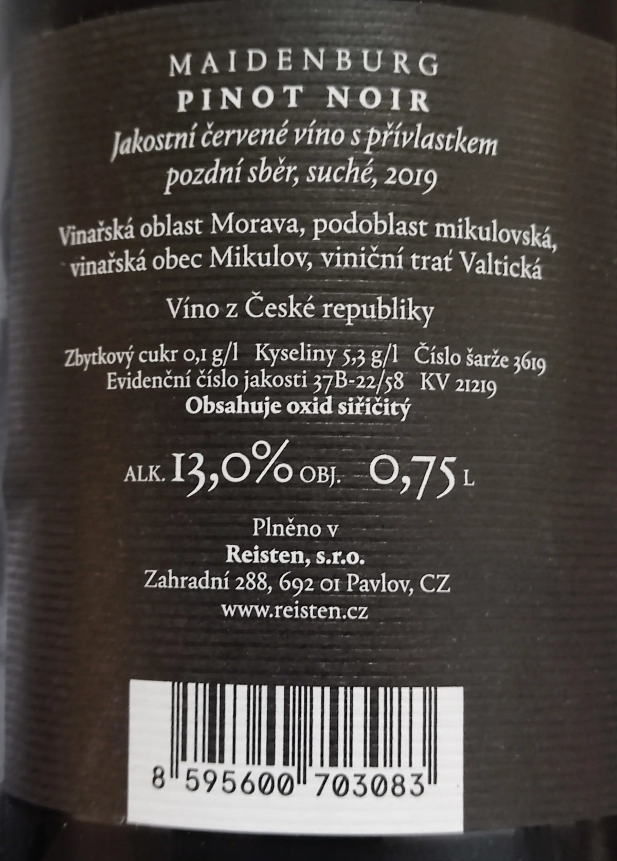 Zadní etiketa – Pinot noir Maidenburg