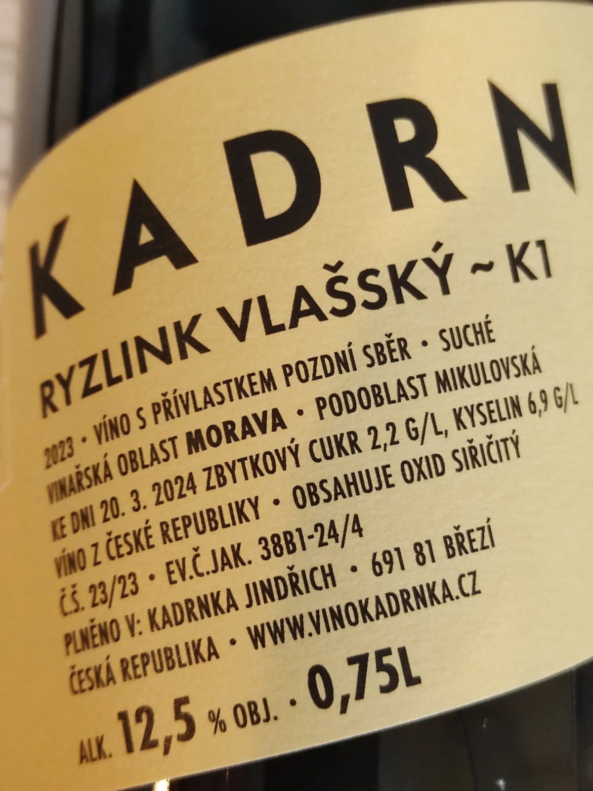 Zadní etiketa – K1 Ryzlink vlašský