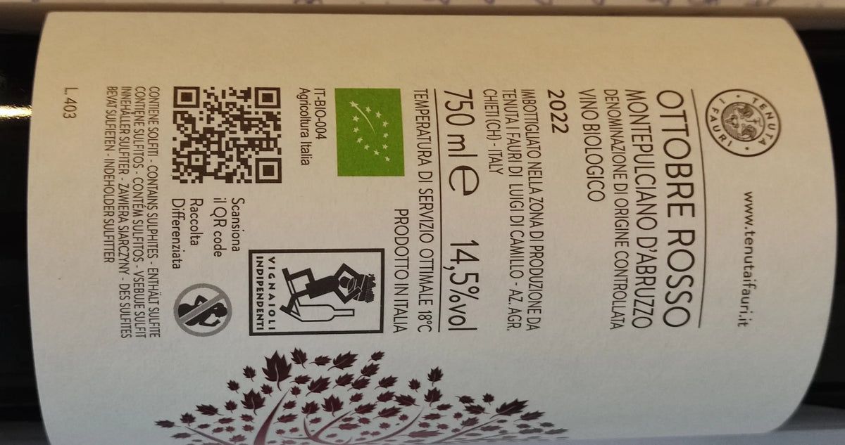 Zadní etiketa – OTTOBRE ROSSO Montepulciano d'Abruzzo