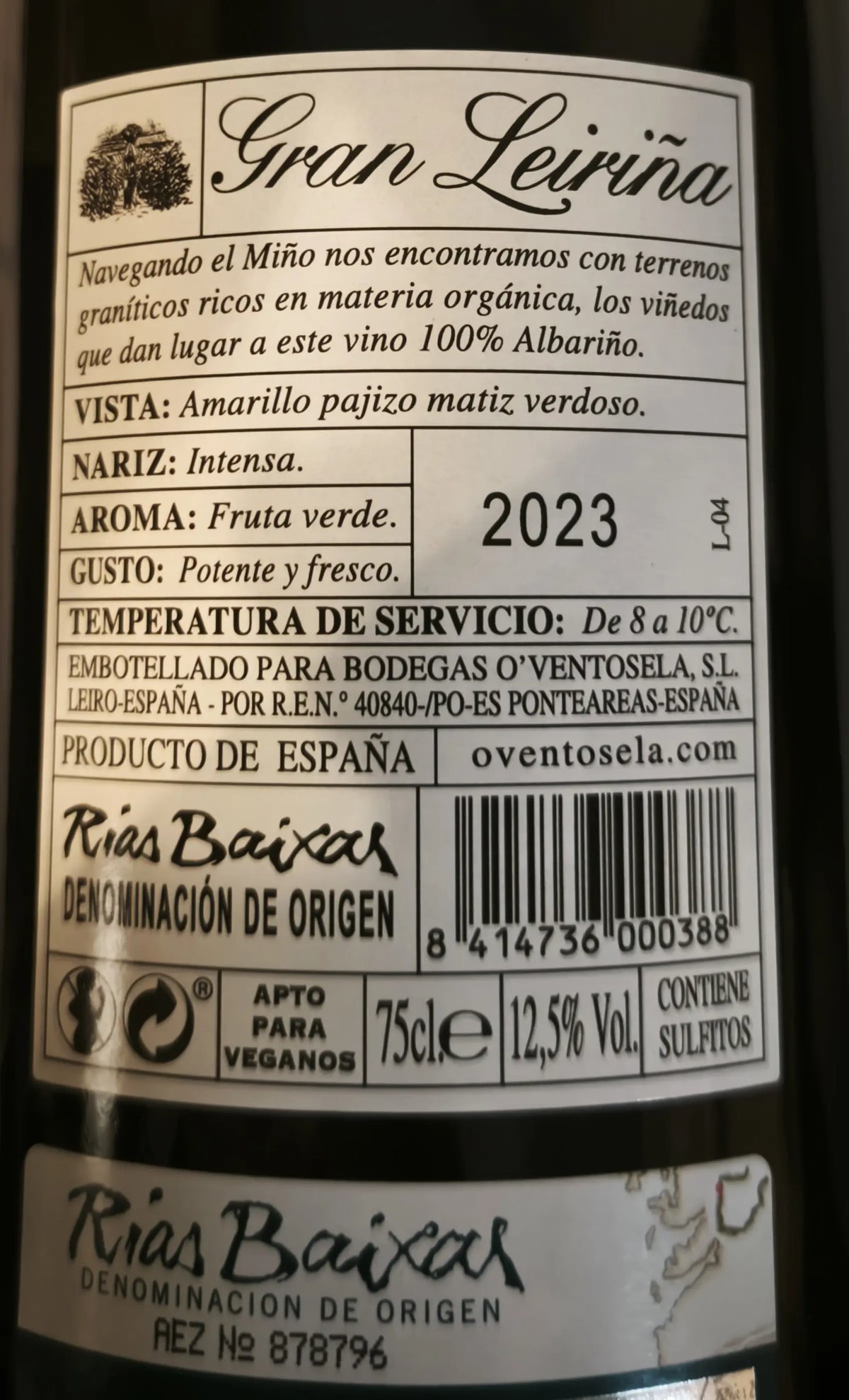 Zadní etiketa – Albariňo Gran Leiriňa