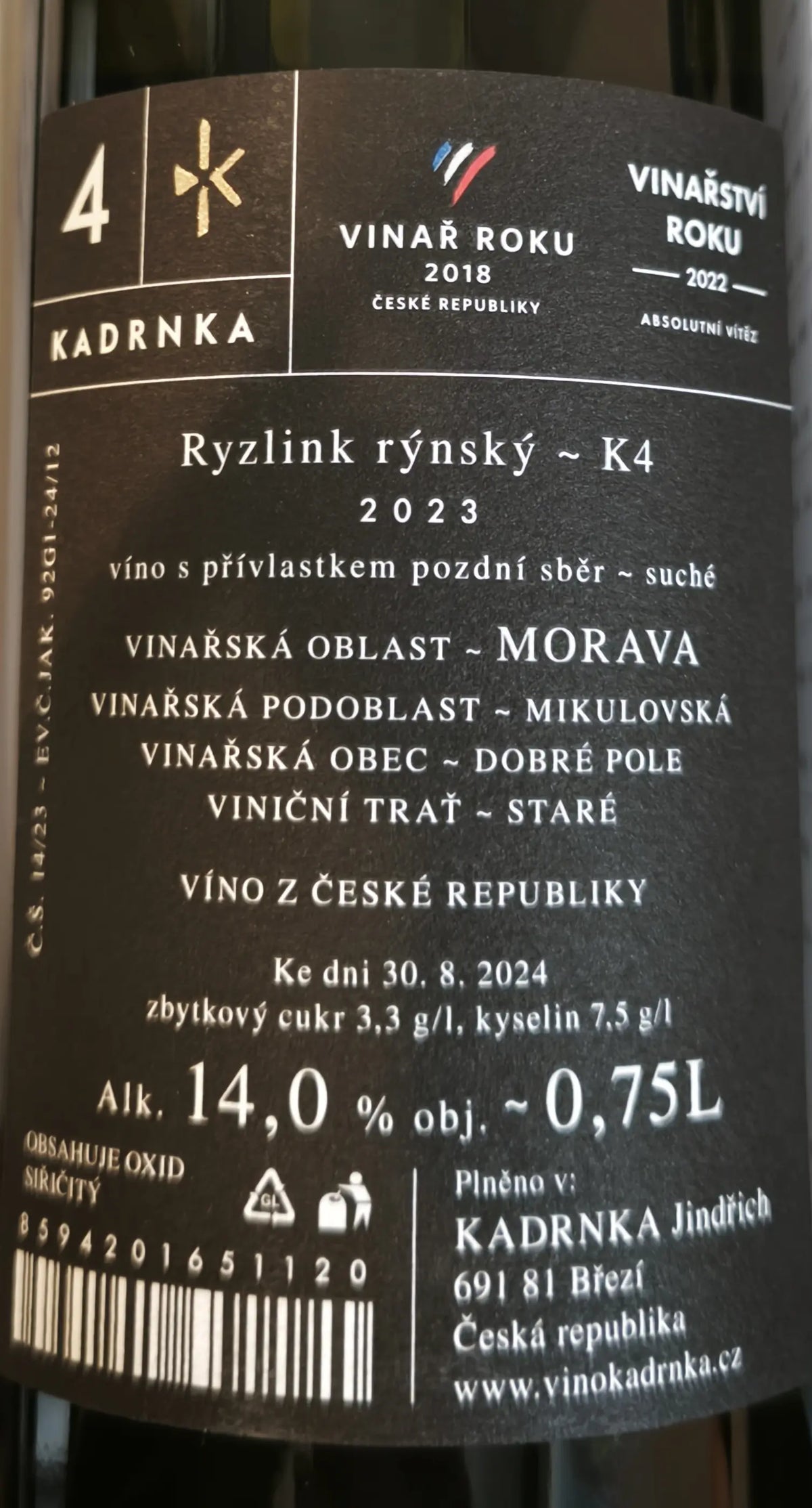 Zadní etiketa – K4 Jindřich IV. Ryzlink rýnský