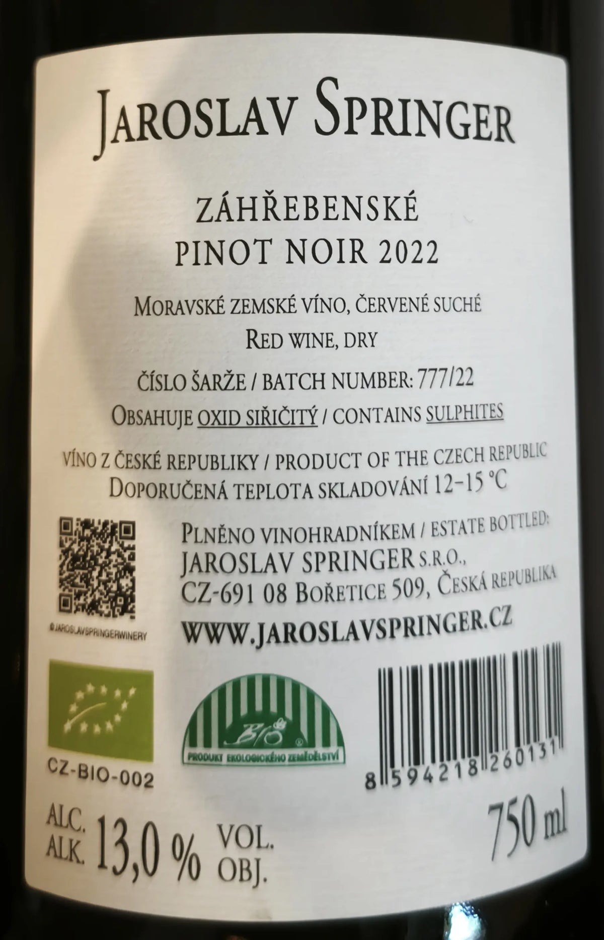 Zadní etiketa – Pinot noir Záhřebenské