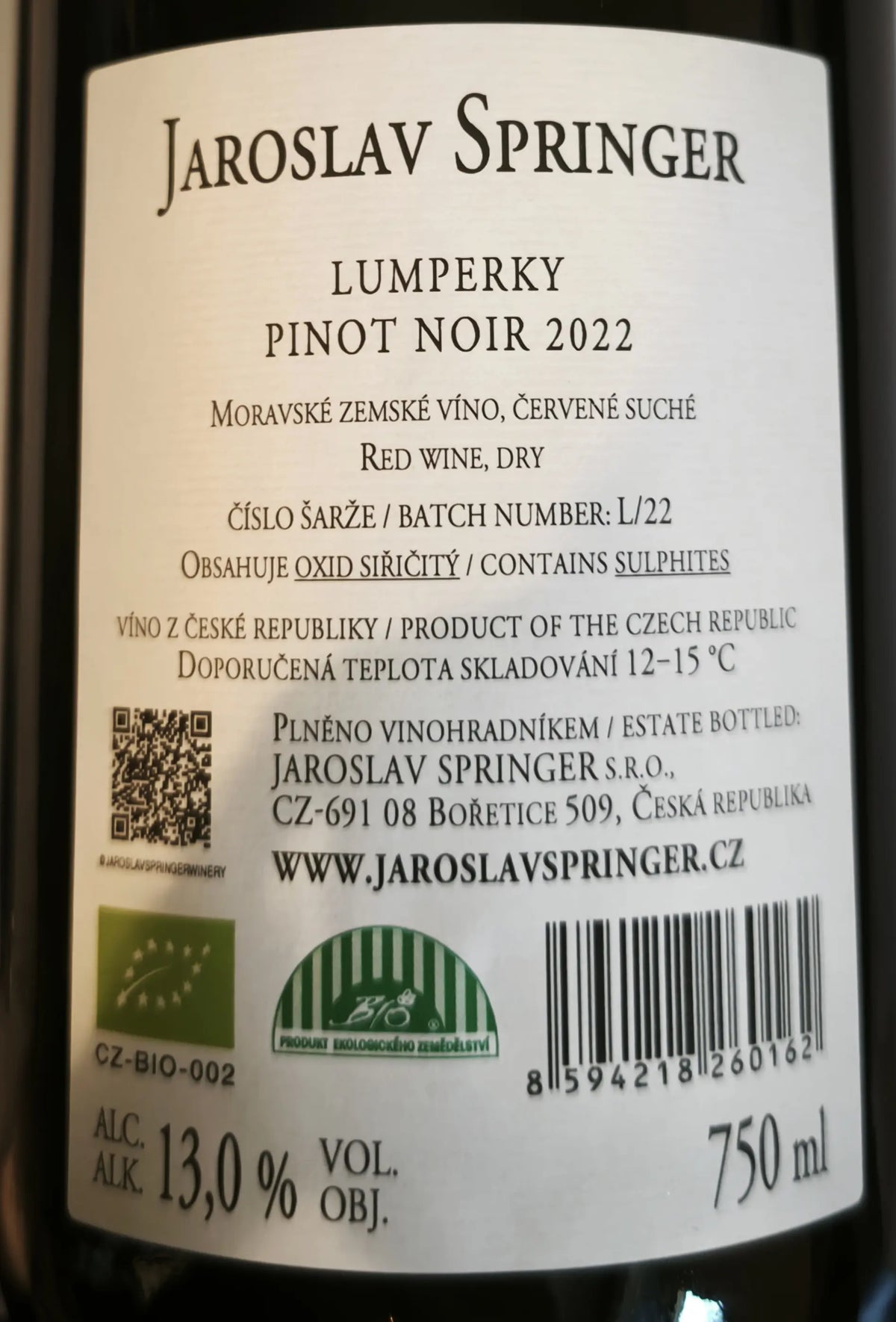 Zadní etiketa – Pinot noir Lumperky