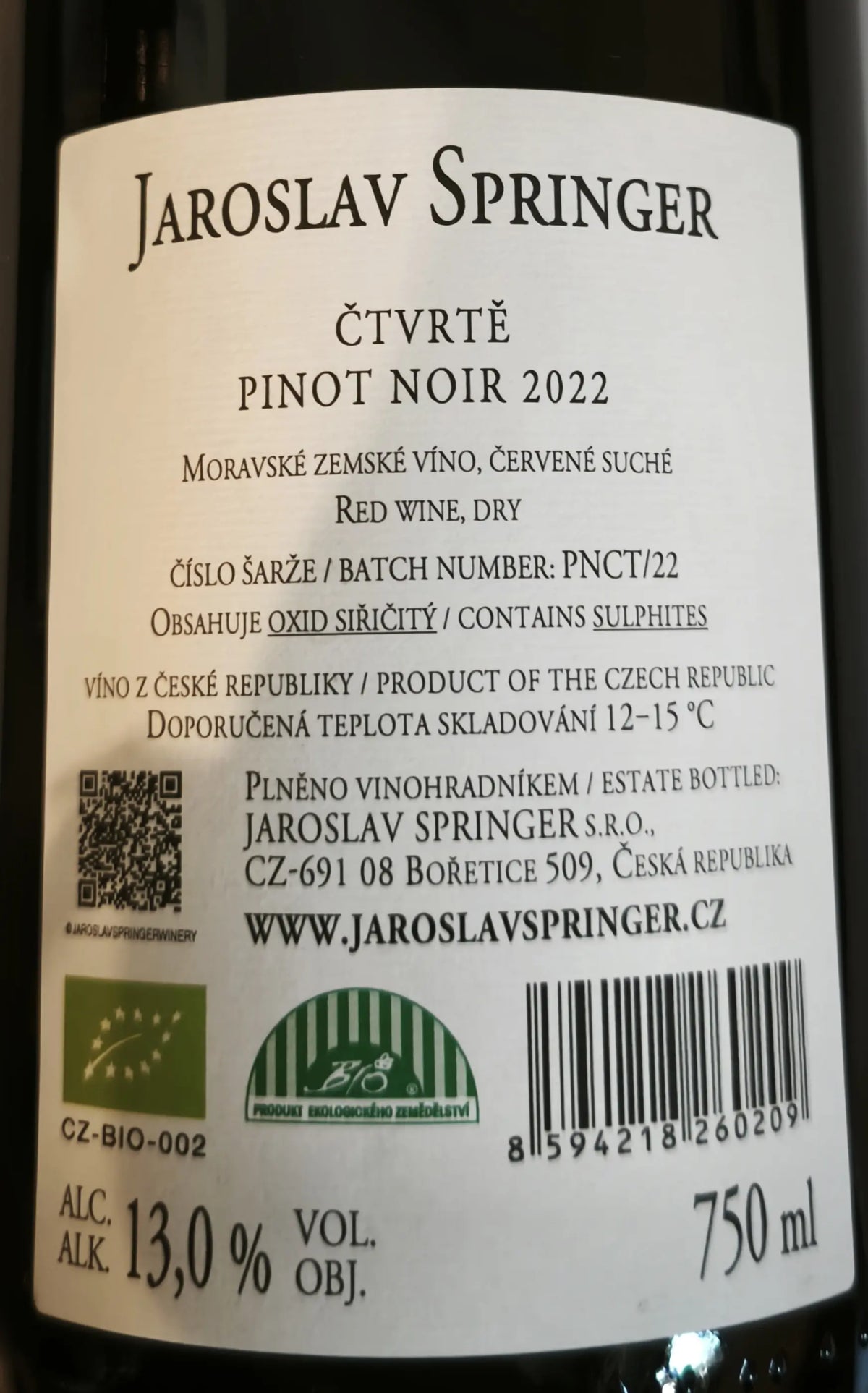 Zadní etiketa – Pinot noir Čtvrtě