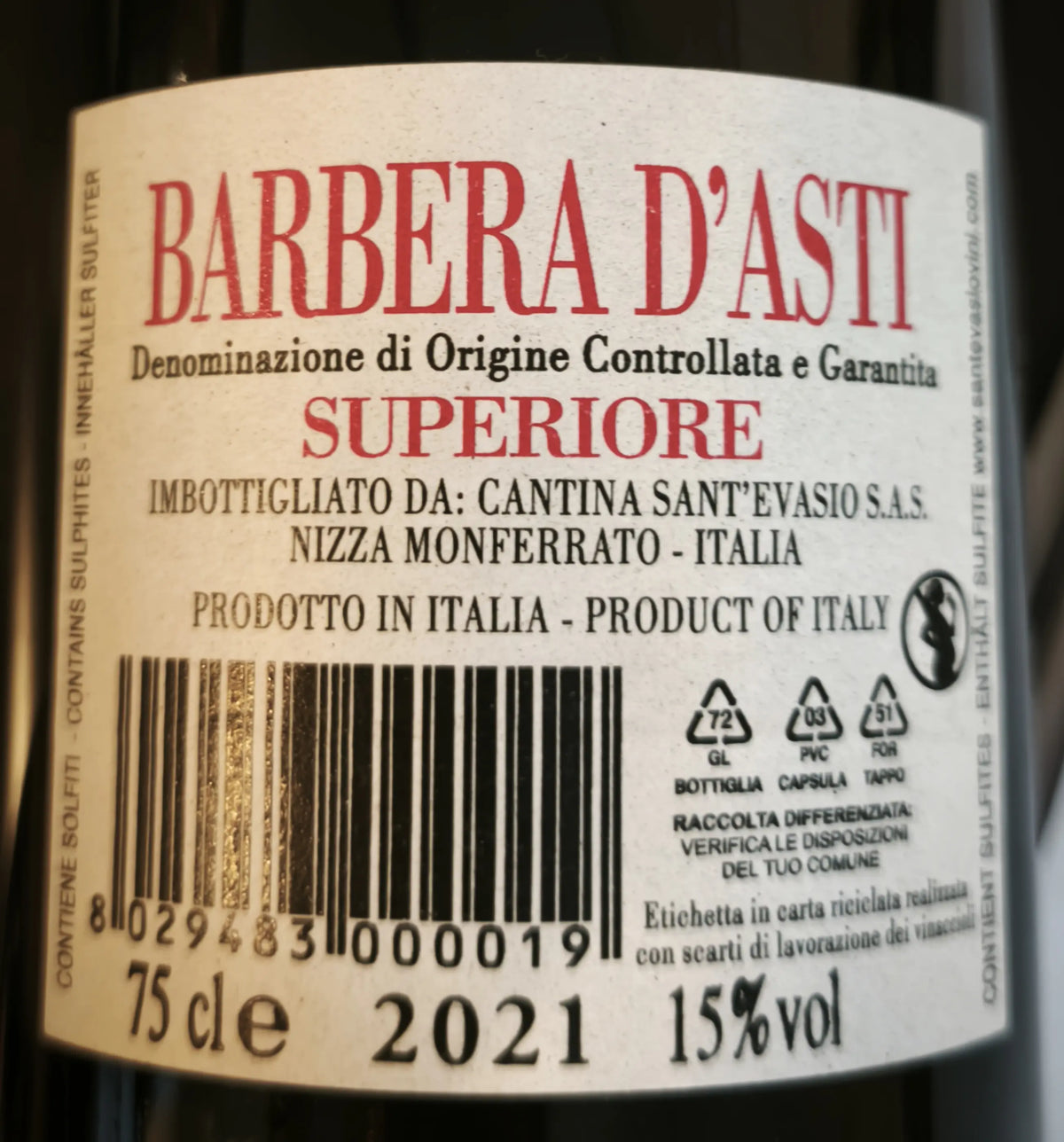 Zadní etiketa – Barbera d´Asti DOCG Superiore