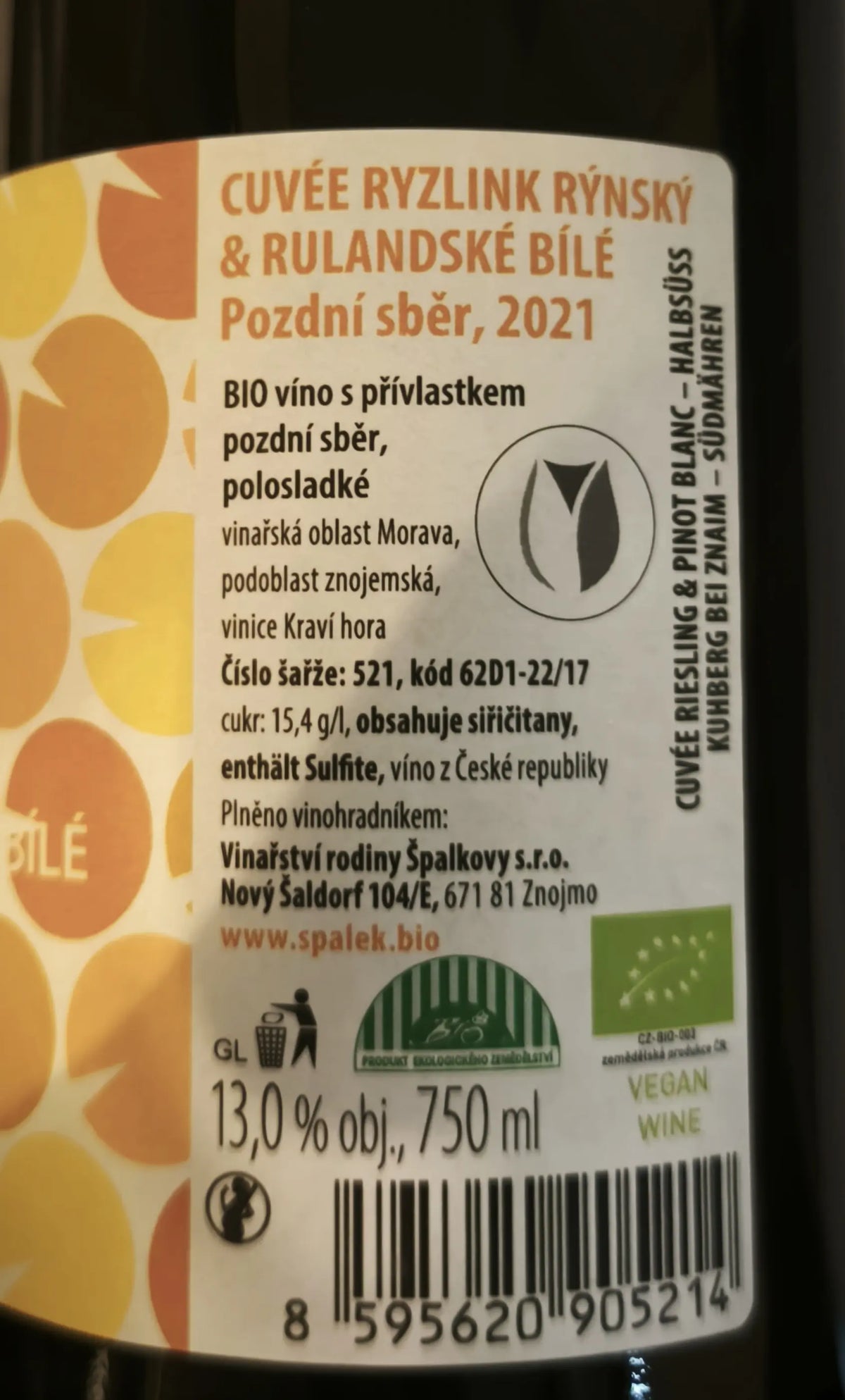 Zadní etiketa – Cuvée Rulandské bílé + Ryzlink rýnský