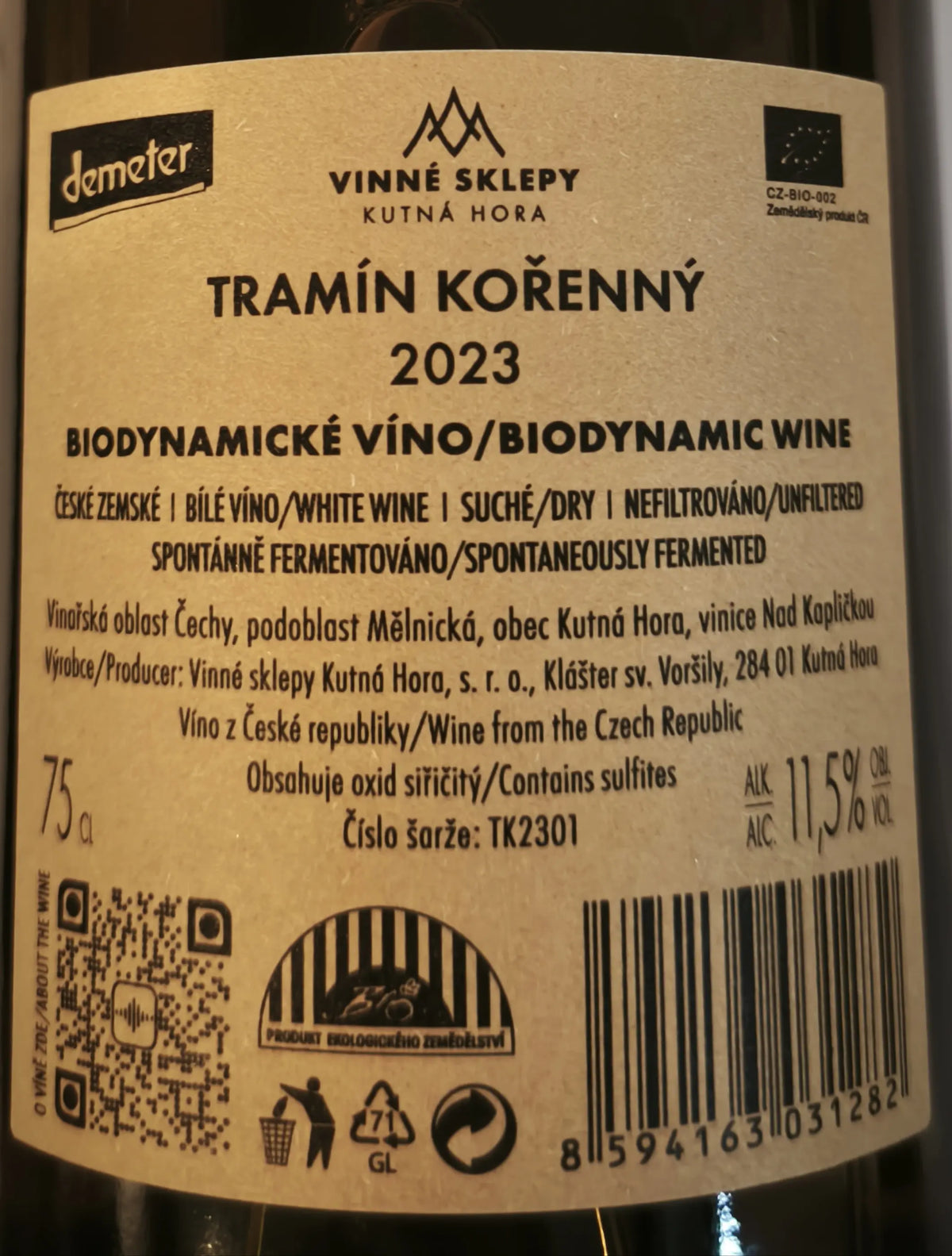 Zadní etiketa – Tramín kořenný