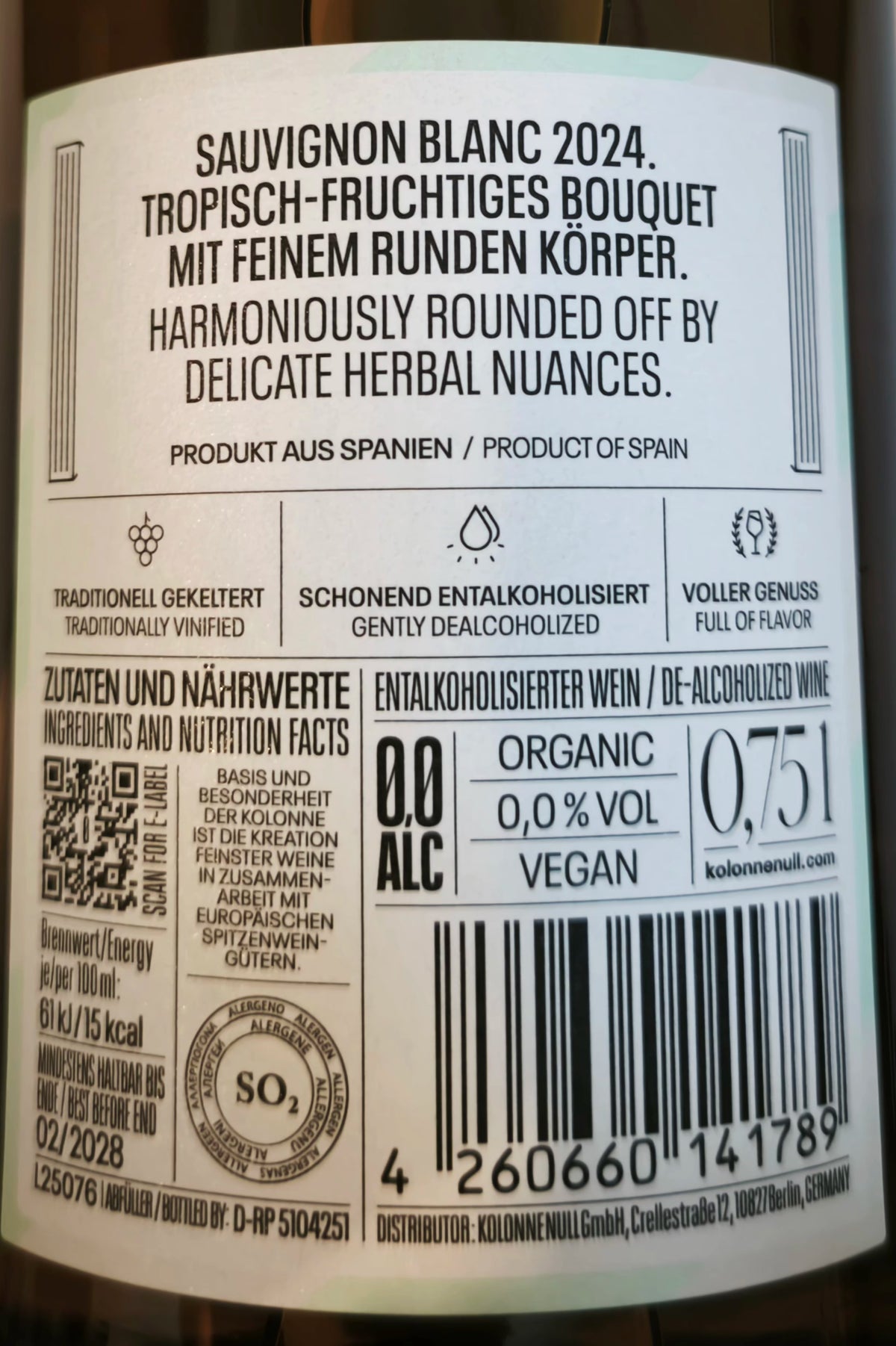 Zadní etiketa – Sauvignon blanc
