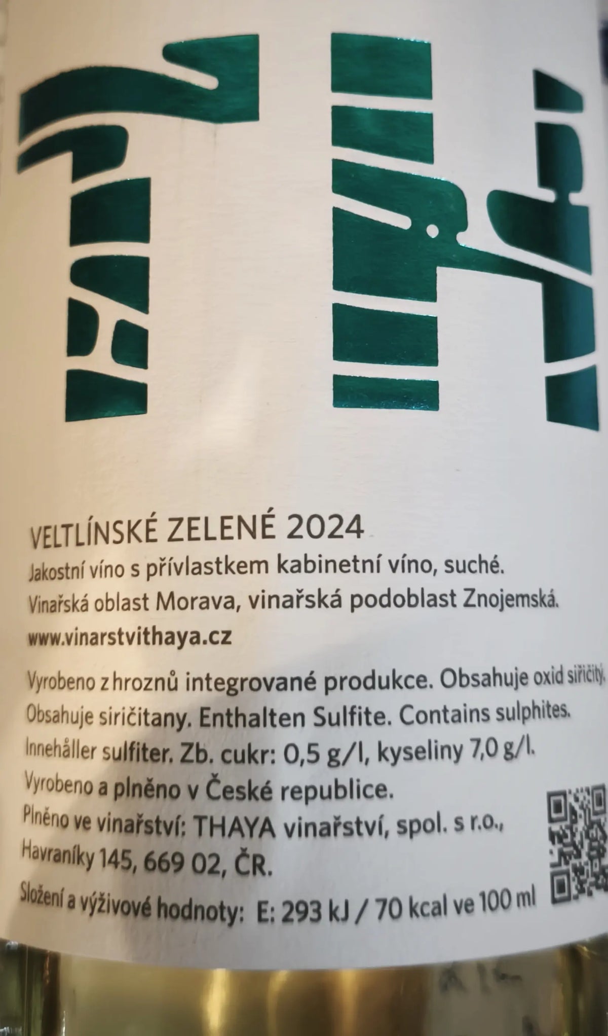Zadní etiketa – Veltlínské zelené "THAYA"