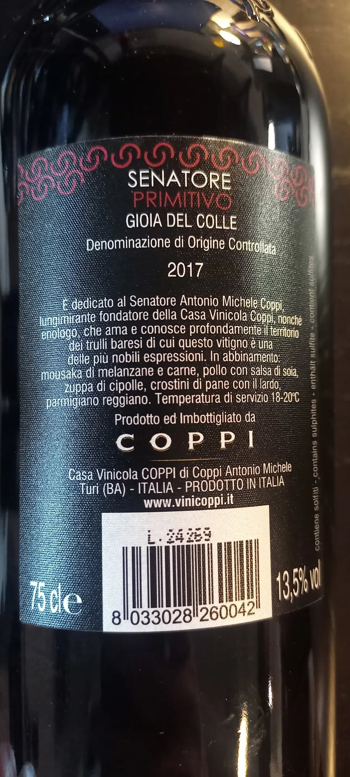 Zadní etiketa – Primitivo Gioia del Colle Senatore