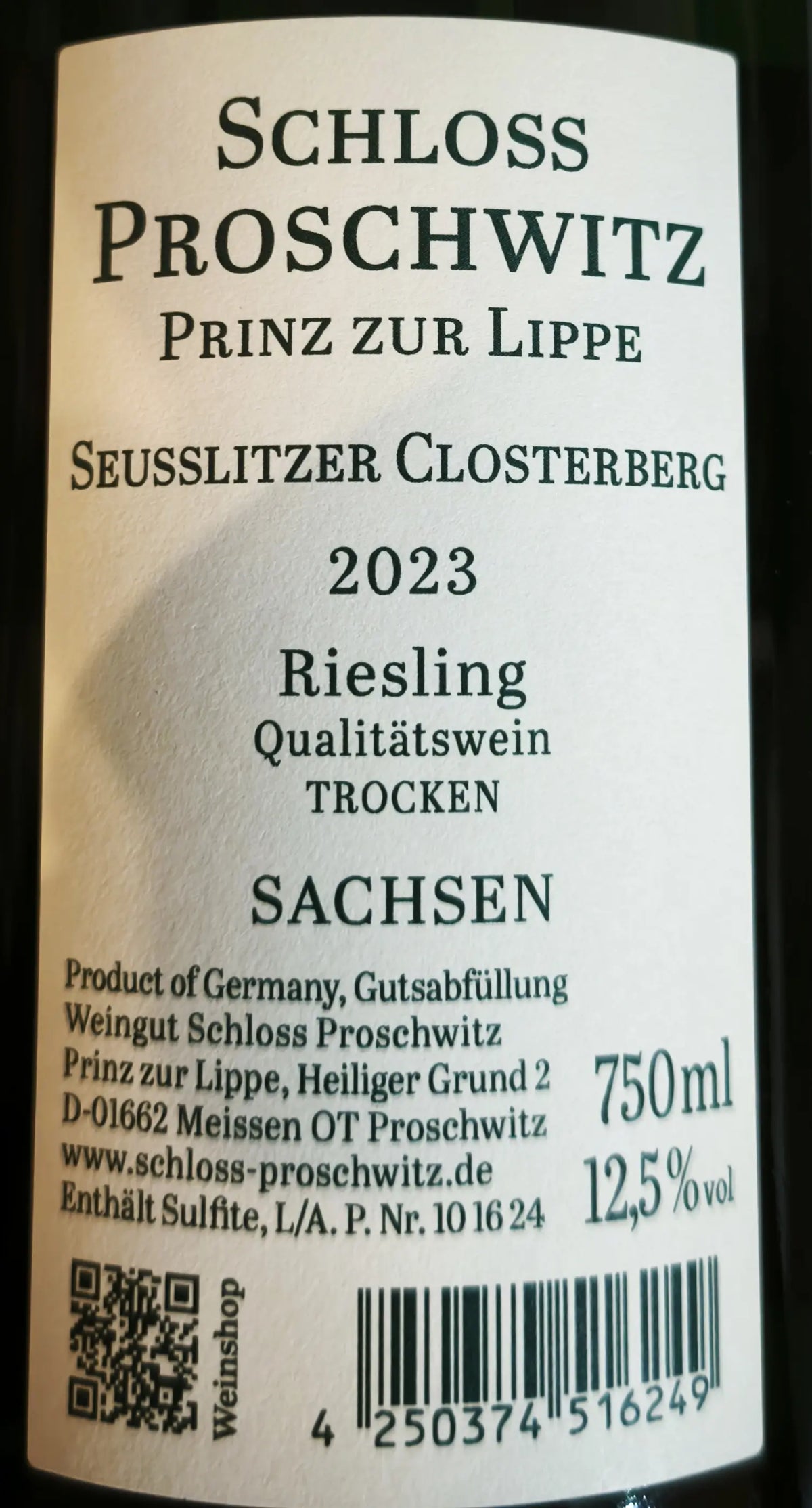 Zadní etiketa – Riesling "Seußlitzer Closterberg" VDP.ERSTE LAGE