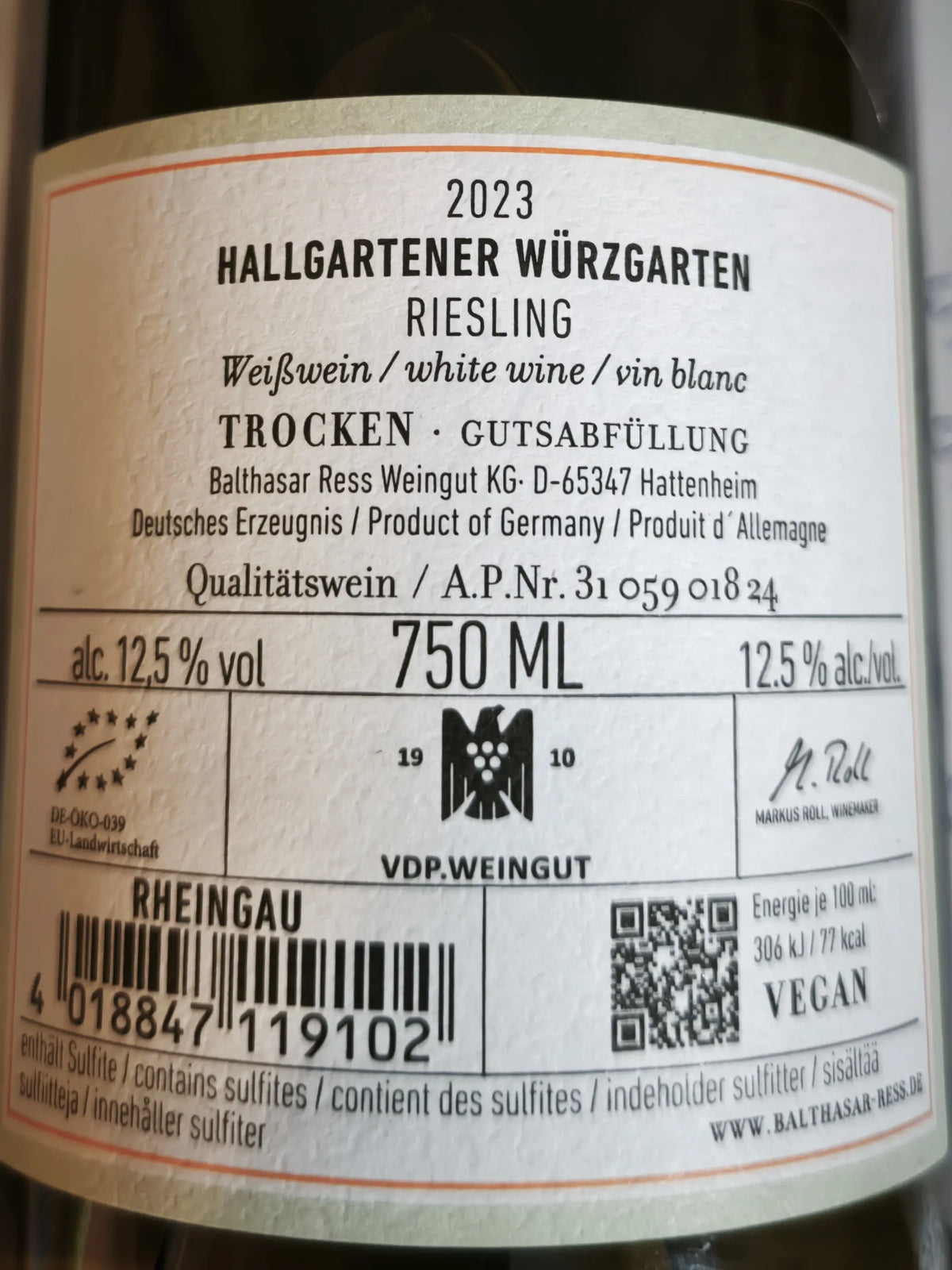 Zadní etiketa – Riesling  "Hallgarten Würzgarten"