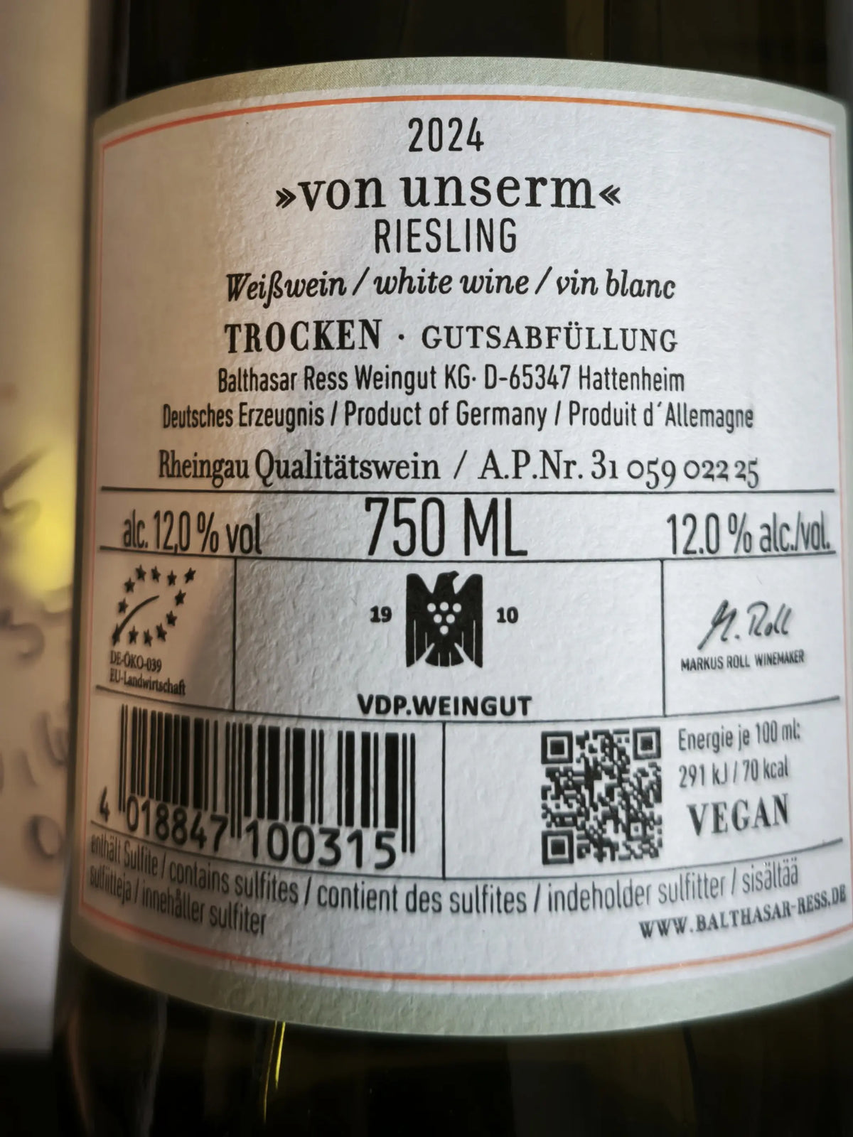 Zadní etiketa – Riesling "Von Unsern"