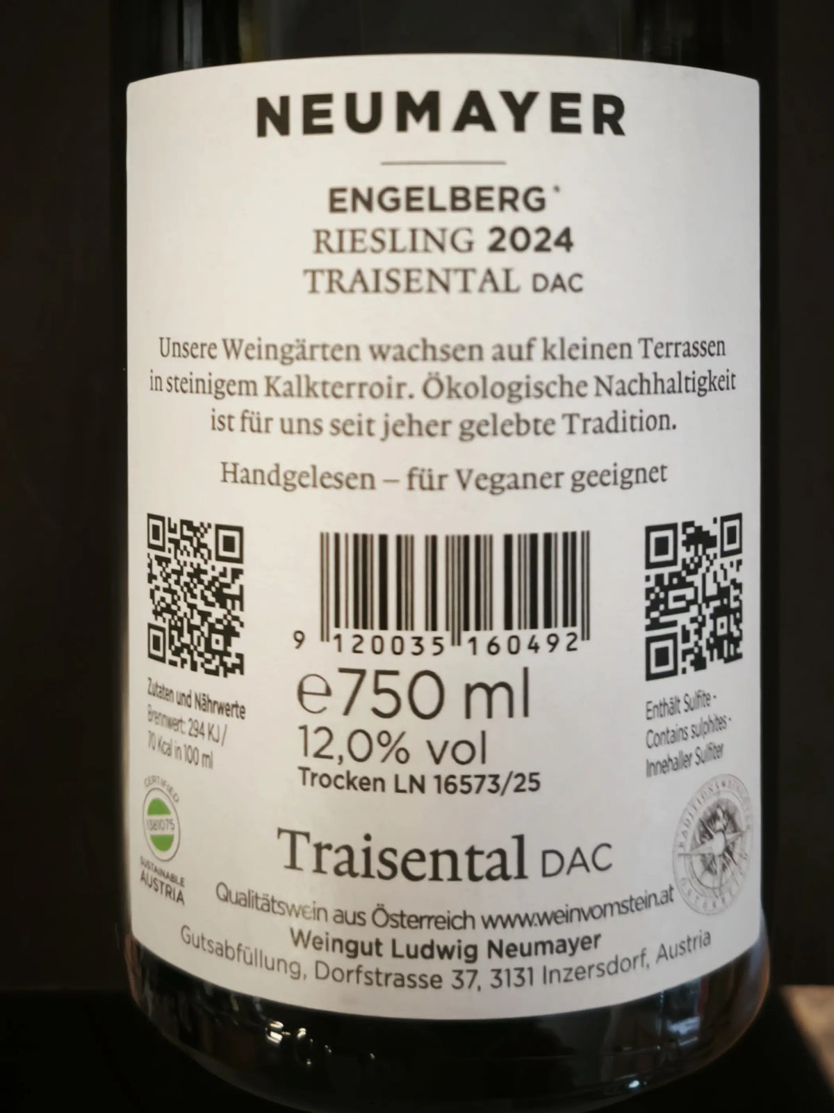 Zadní etiketa – Riesling DAC "Engelberg"