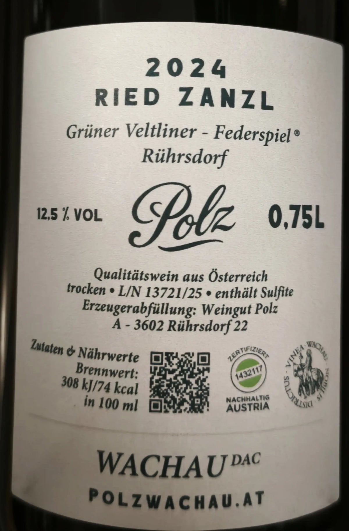 Zadní etiketa – Grüner Veltliner Federspiel "Ried Zanzl"
