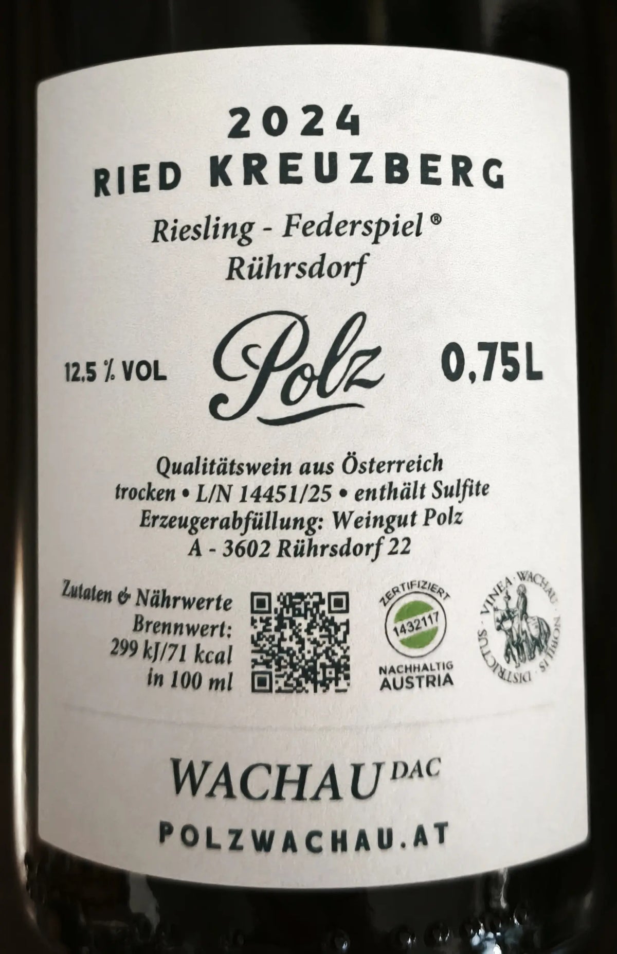 Zadní etiketa – Riesling Federspiel "Ried Kreuzberg"