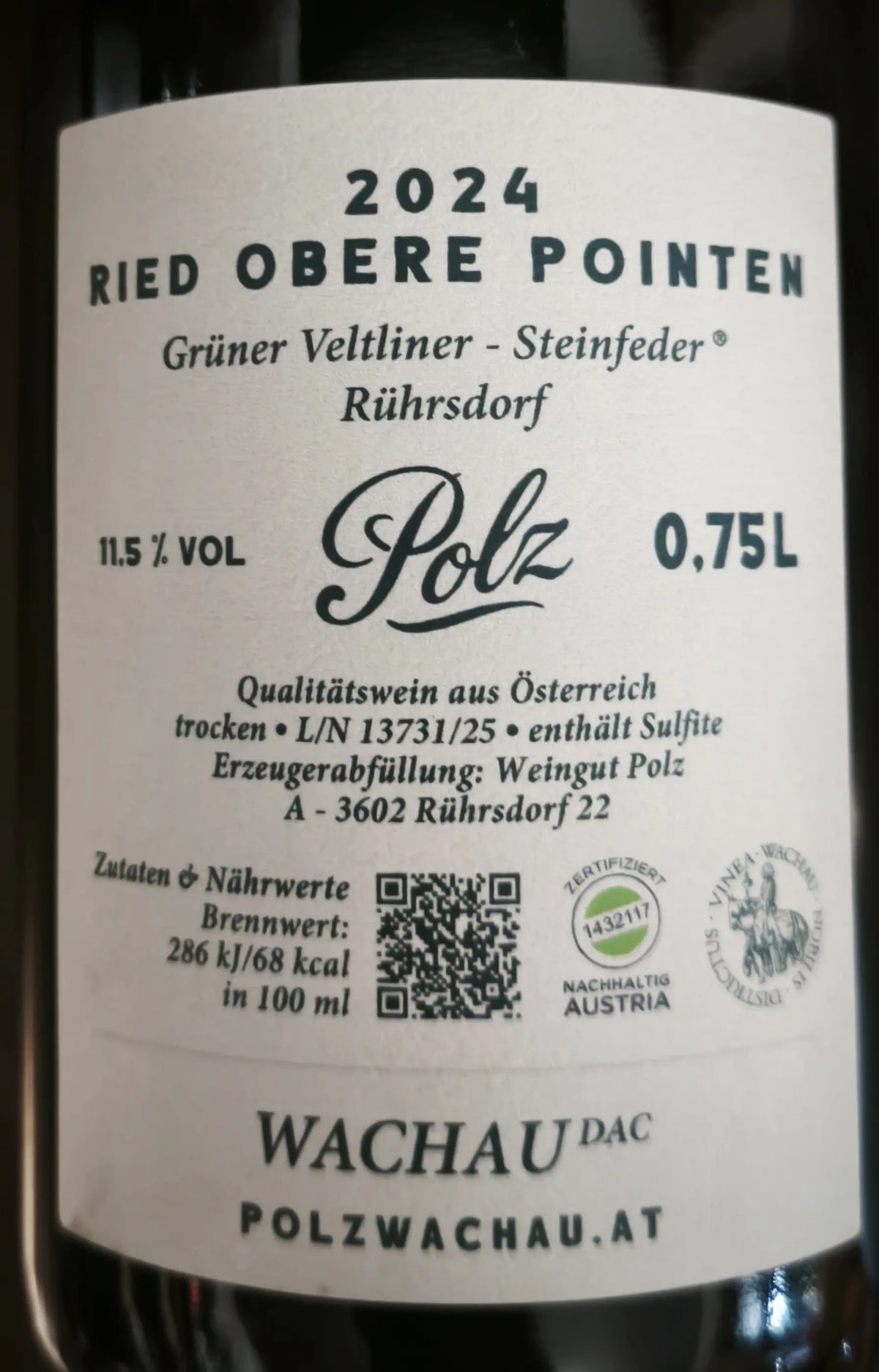 Zadní etiketa – Grüner Veltliner Steinfeder "Ried Obere Pointen"