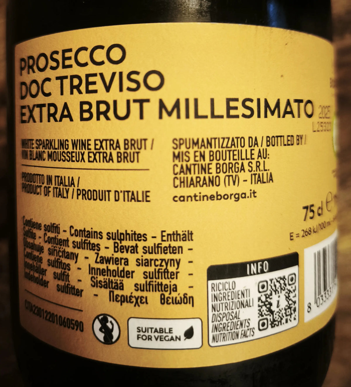 Zadní etiketa – Prosecco Spumante Millesimato Extra brut