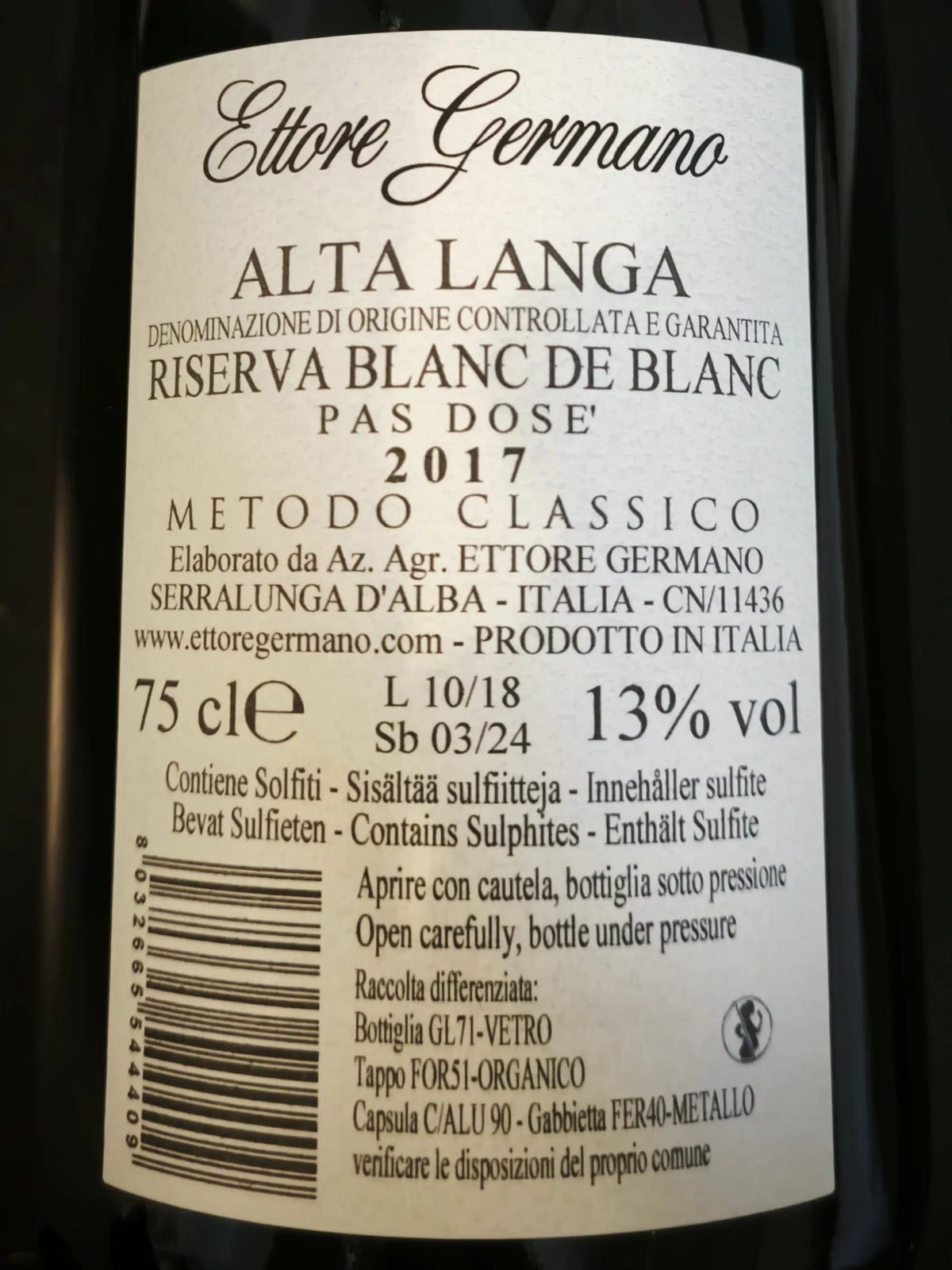 Zadní etiketa – Alta Langa Riserva Blanc de Blanc Pas Dosé