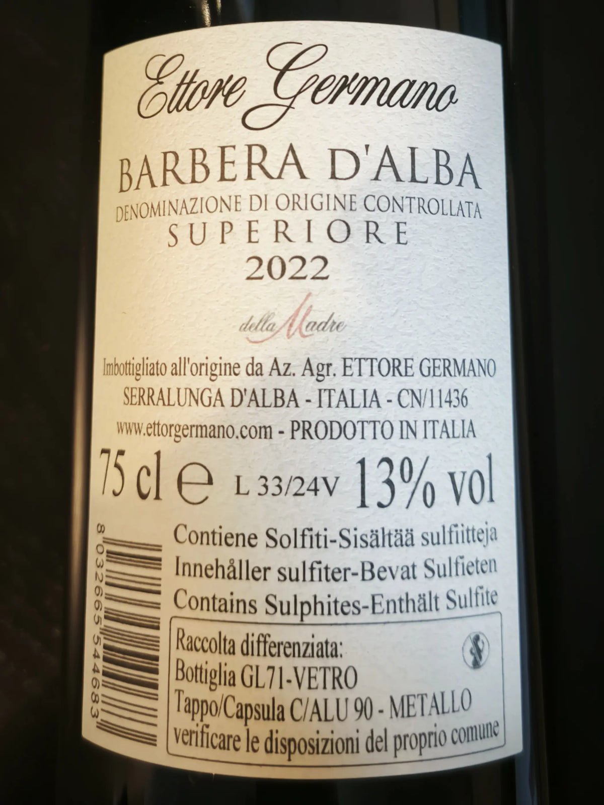 Zadní etiketa – Barbera d'Alba Superiore "Della Madre"