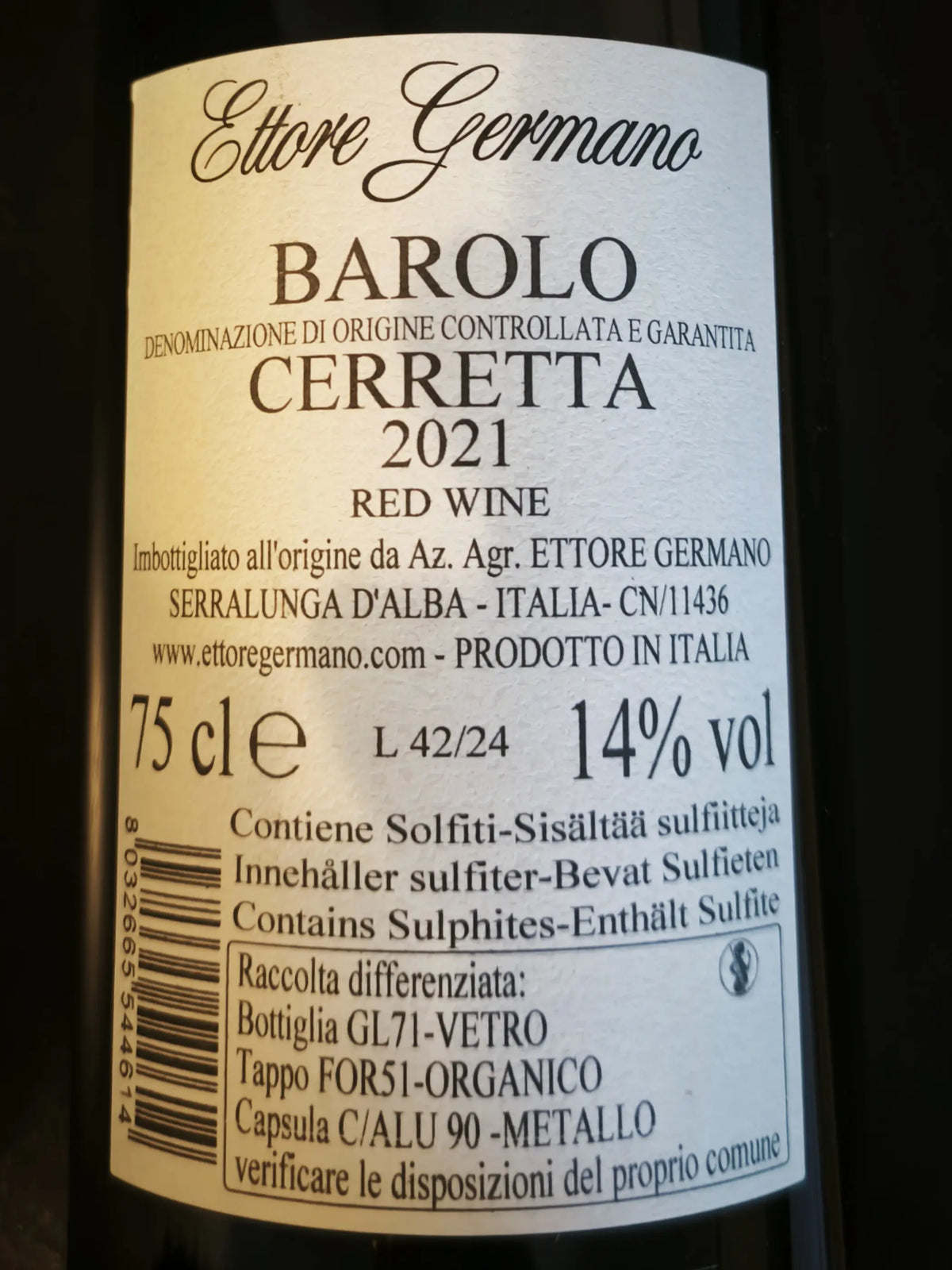 Zadní etiketa – Barolo "Cerretta"