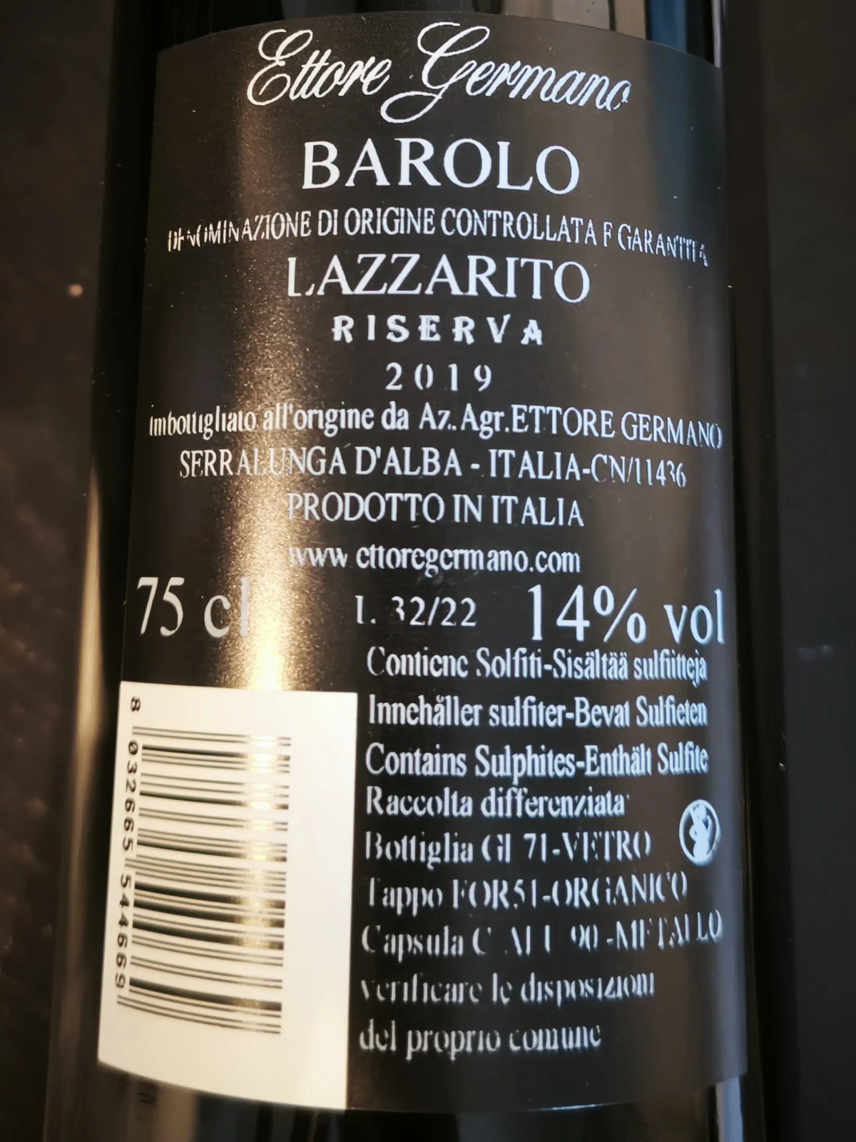 Zadní etiketa – Barolo "Lazzarito" Riserva