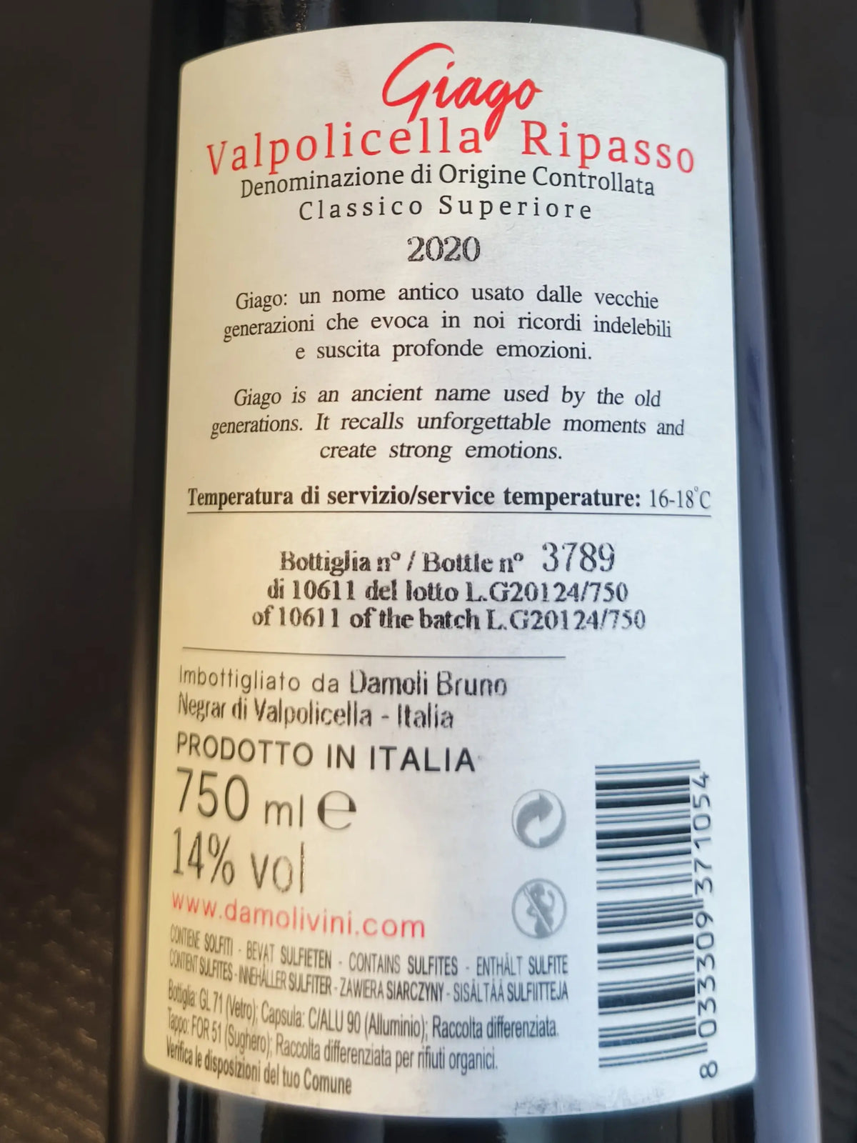 Zadní etiketa – Valpolicella classico superiore Ripasso "Giago"