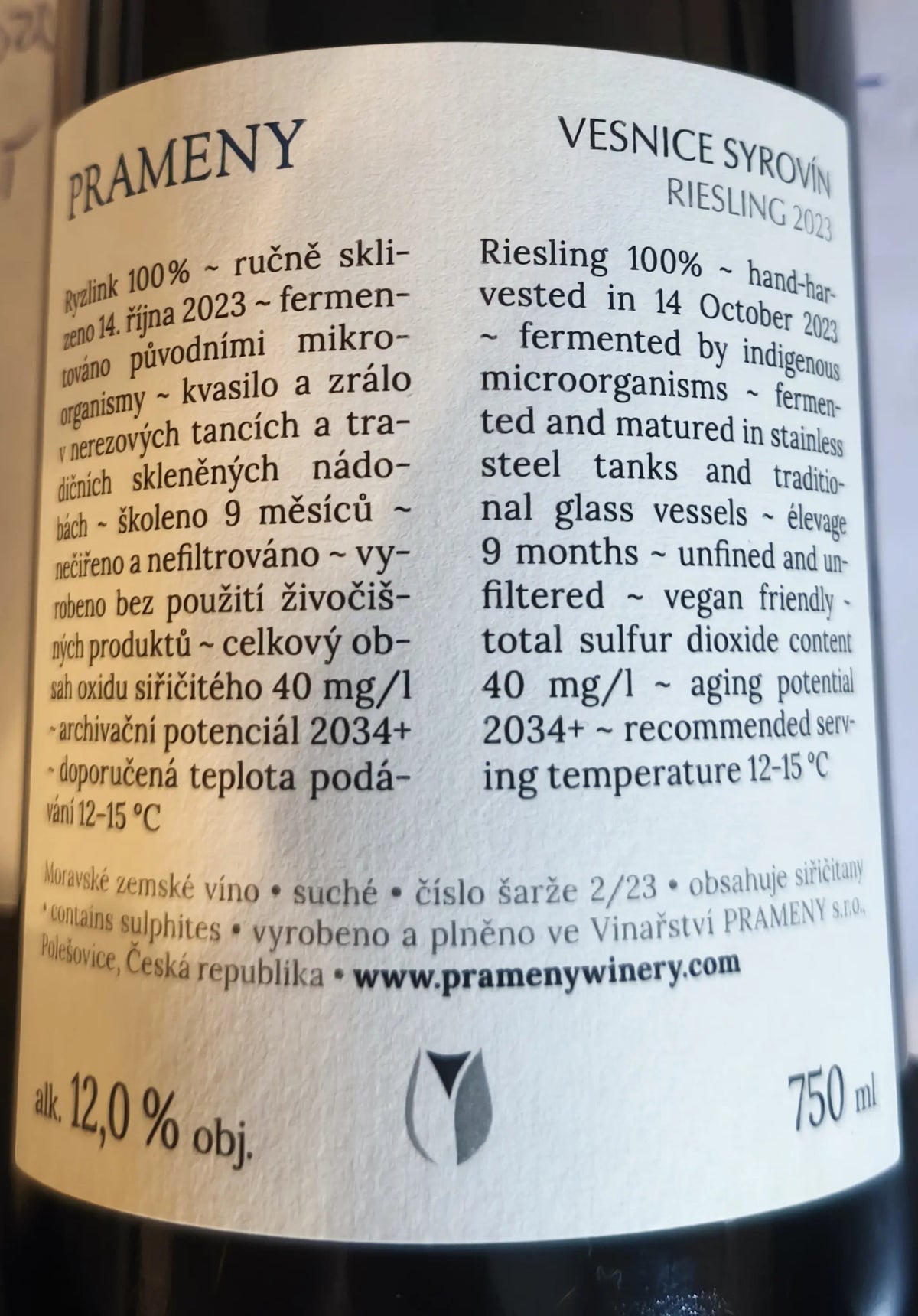 Zadní etiketa – Riesling Syrovín