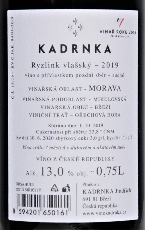 Etiketa K2 Ryzlink vlašský Ořechová hora