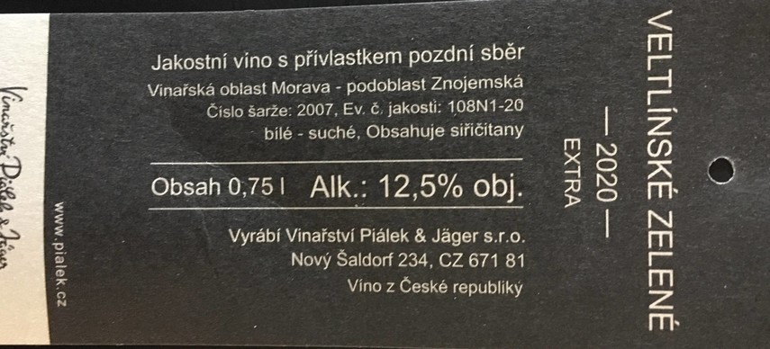 Etiketa Veltlínské zelené Extra