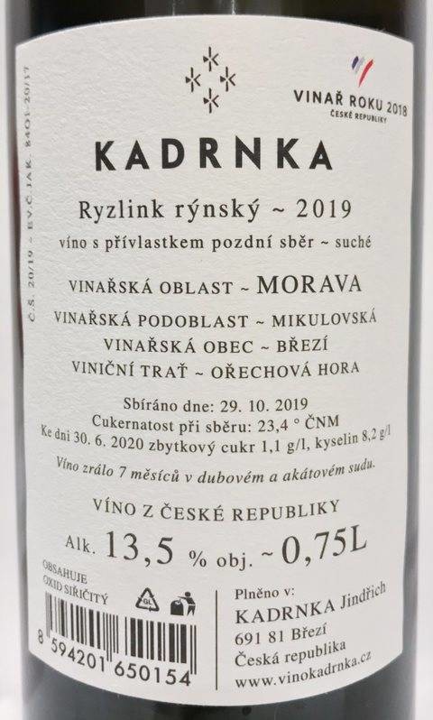 Etiketa K3 Ryzlink rýnský Mitrberk