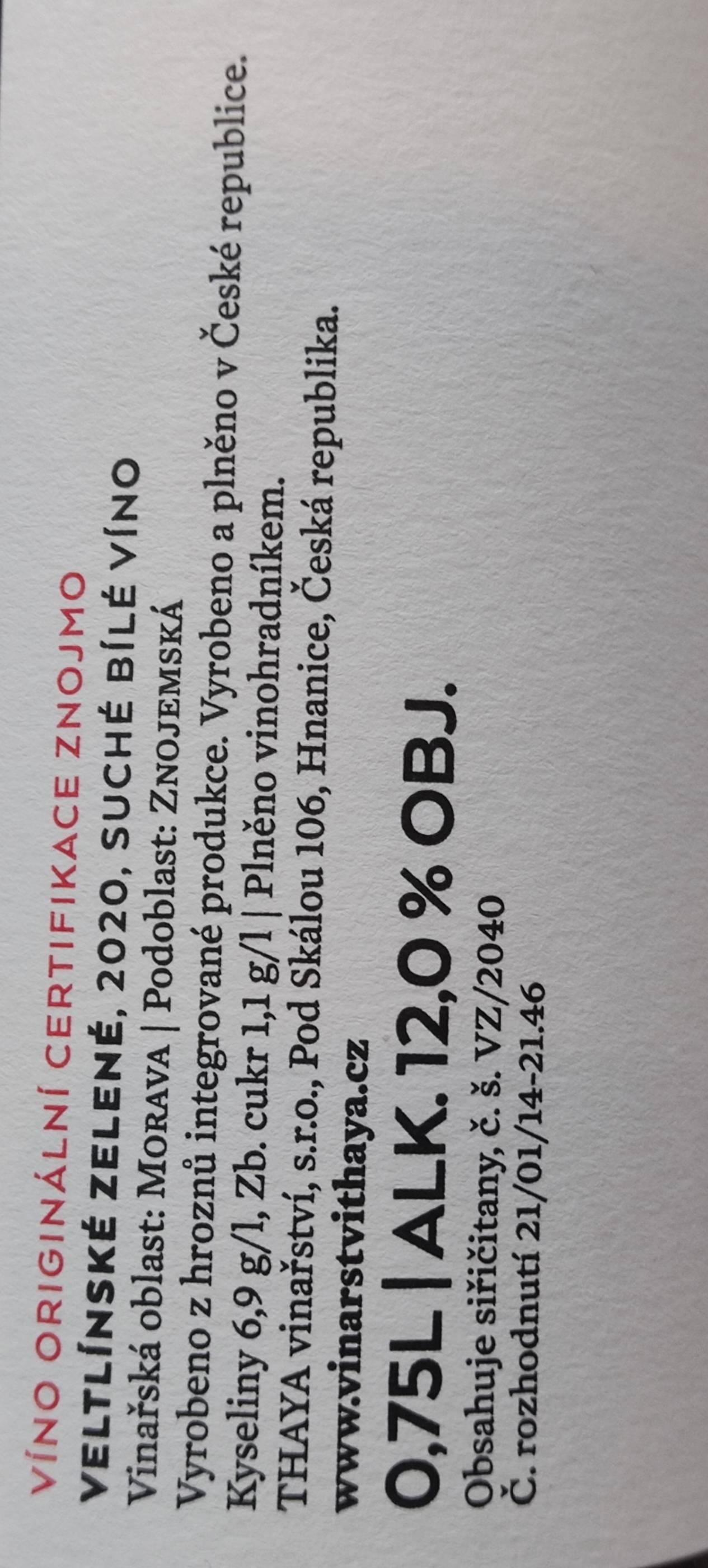 Etiketa Veltlínské zelené VOC