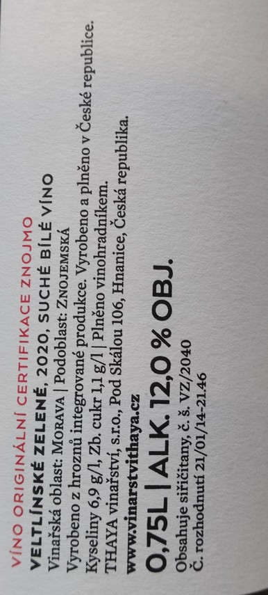 Etiketa Veltlínské zelené VOC