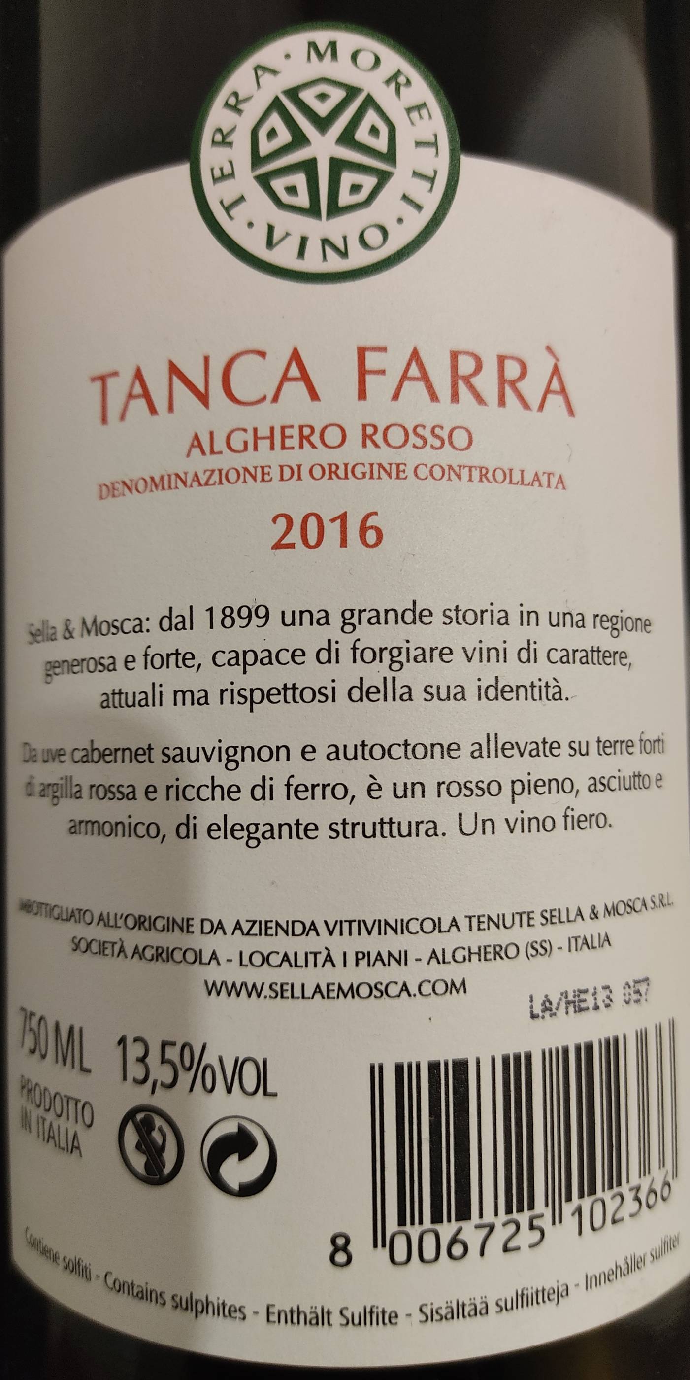 Etiketa Tanca Farra Alghero rosso