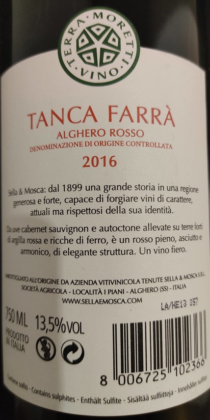 Etiketa Tanca Farra Alghero rosso