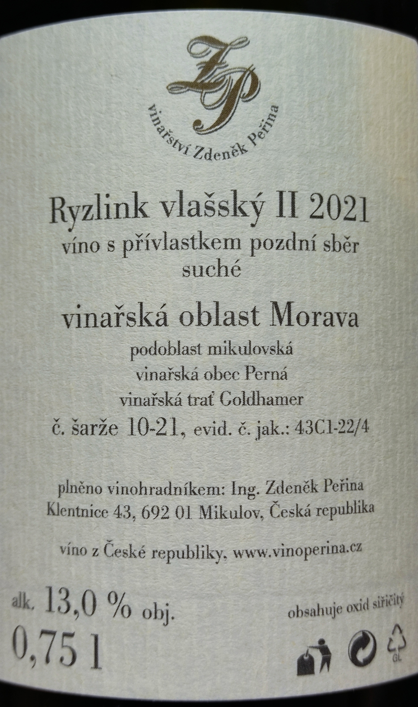 Etiketa Ryzlink vlašský II Goldhamer