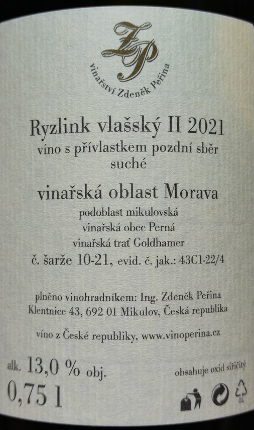 Etiketa Ryzlink vlašský II Goldhamer