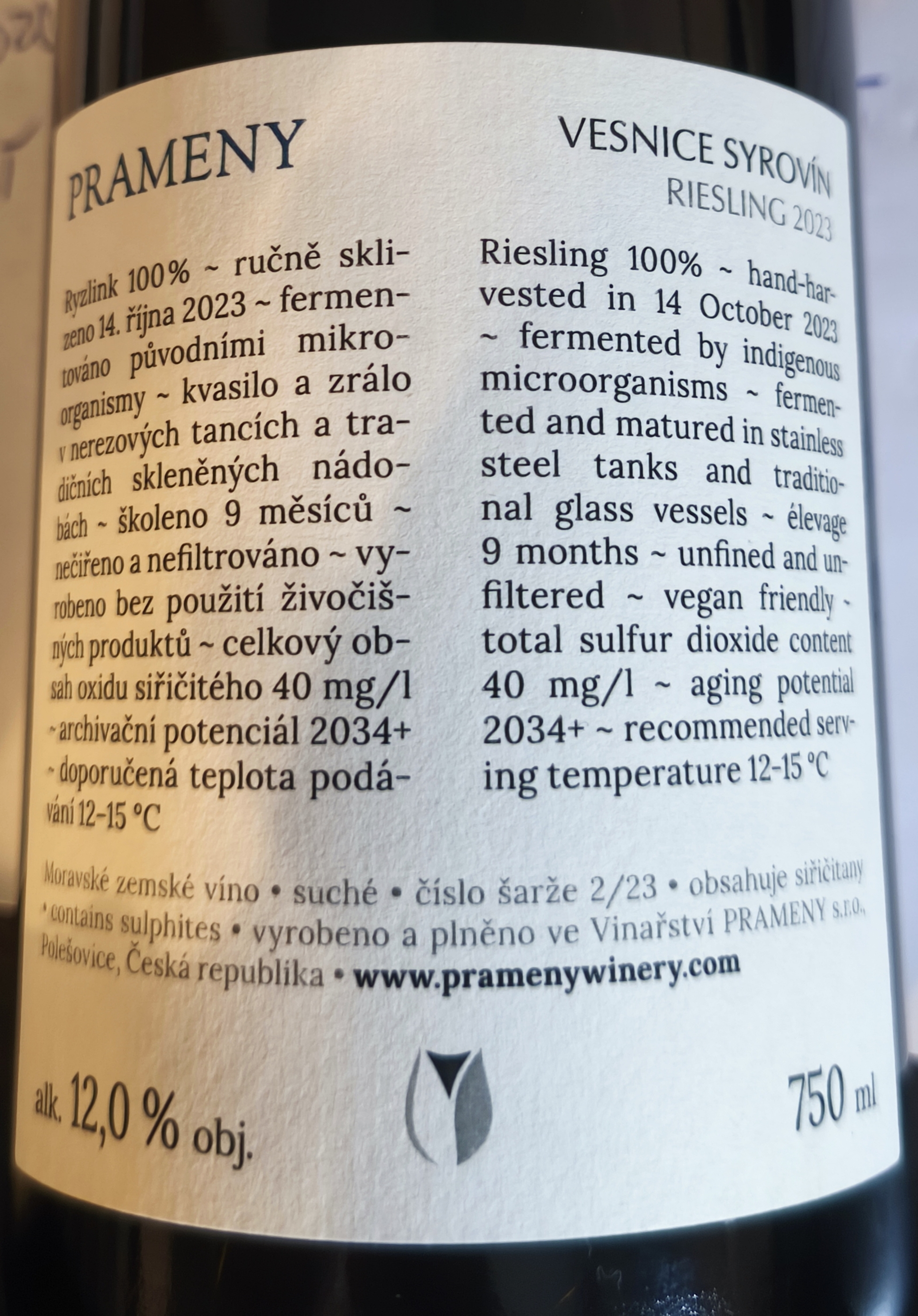 Etiketa Riesling Syrovín